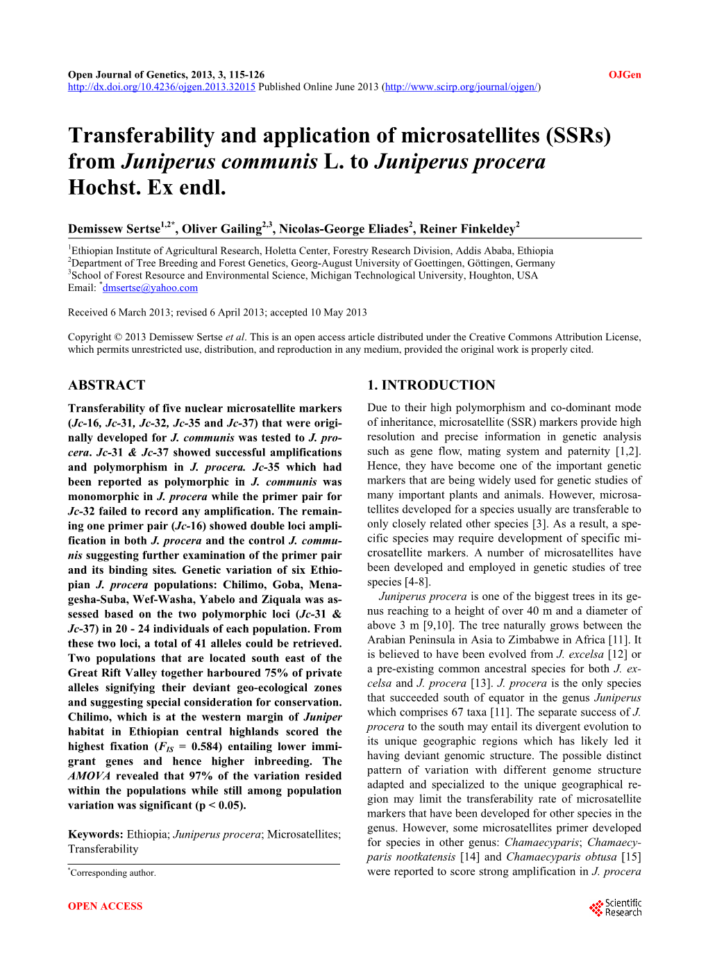 Transferability and Application of Microsatellites (Ssrs) from Juniperus Communis L