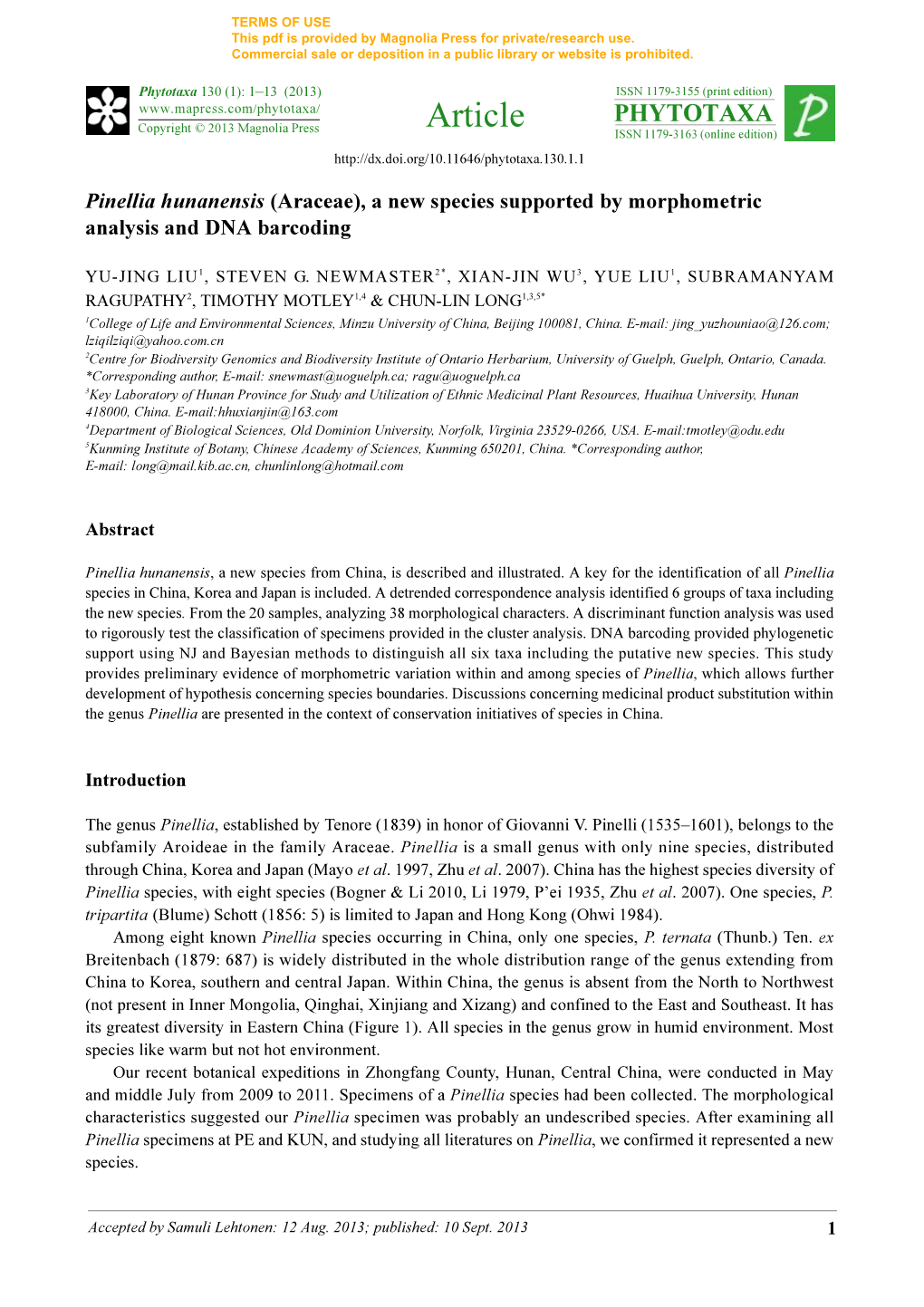 Pinellia Hunanensis (Araceae), a New Species Supported by Morphometric Analysis and DNA Barcoding