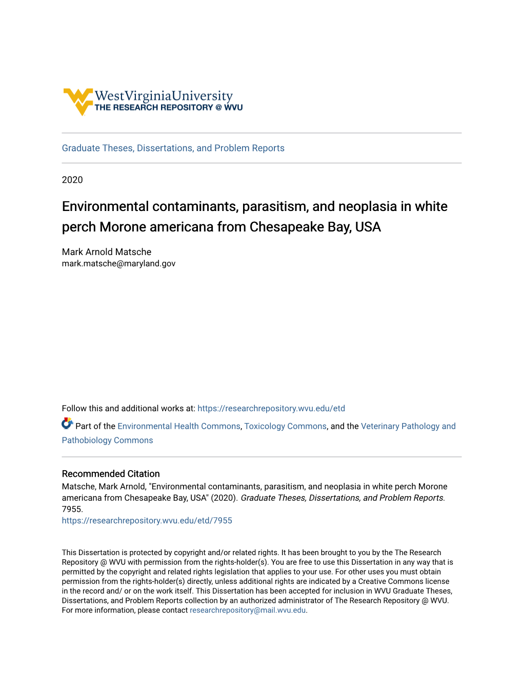 Environmental Contaminants, Parasitism, and Neoplasia in White Perch Morone Americana from Chesapeake Bay, USA