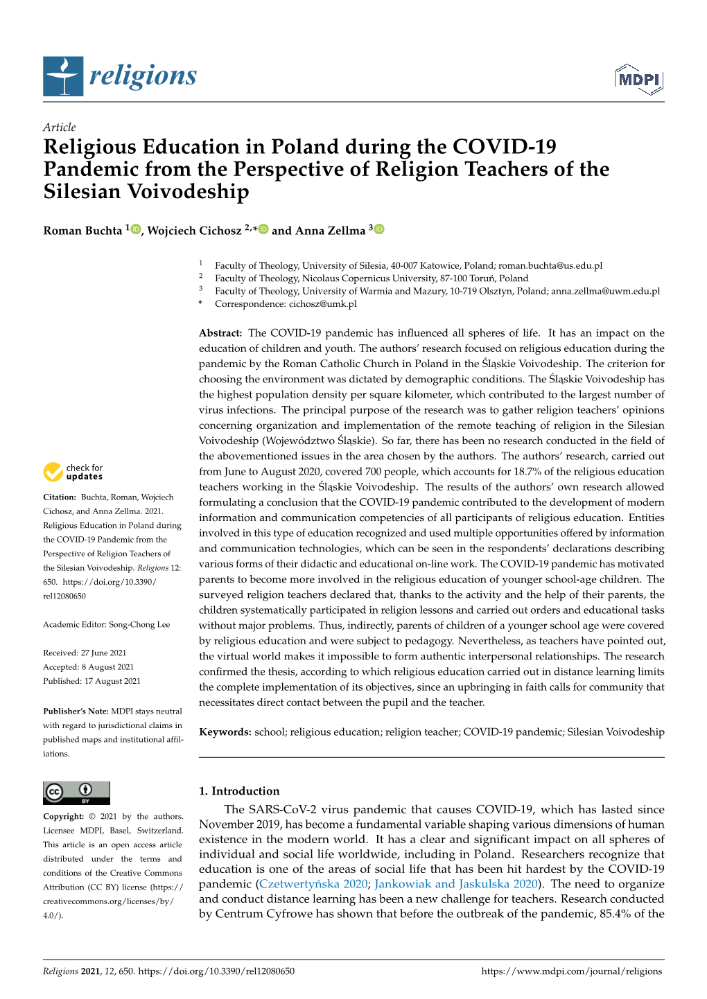 Religious Education in Poland During the COVID-19 Pandemic from the Perspective of Religion Teachers of the Silesian Voivodeship