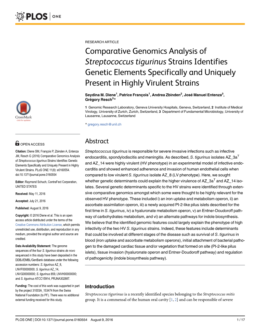 Comparative Genomics Analysis of Streptococcus Tigurinus Strains Identifies Genetic Elements Specifically and Uniquely Present in Highly Virulent Strains