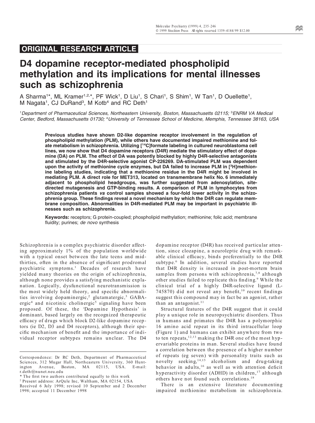 D4 Dopamine Receptor-Mediated Phospholipid Methylation and Its