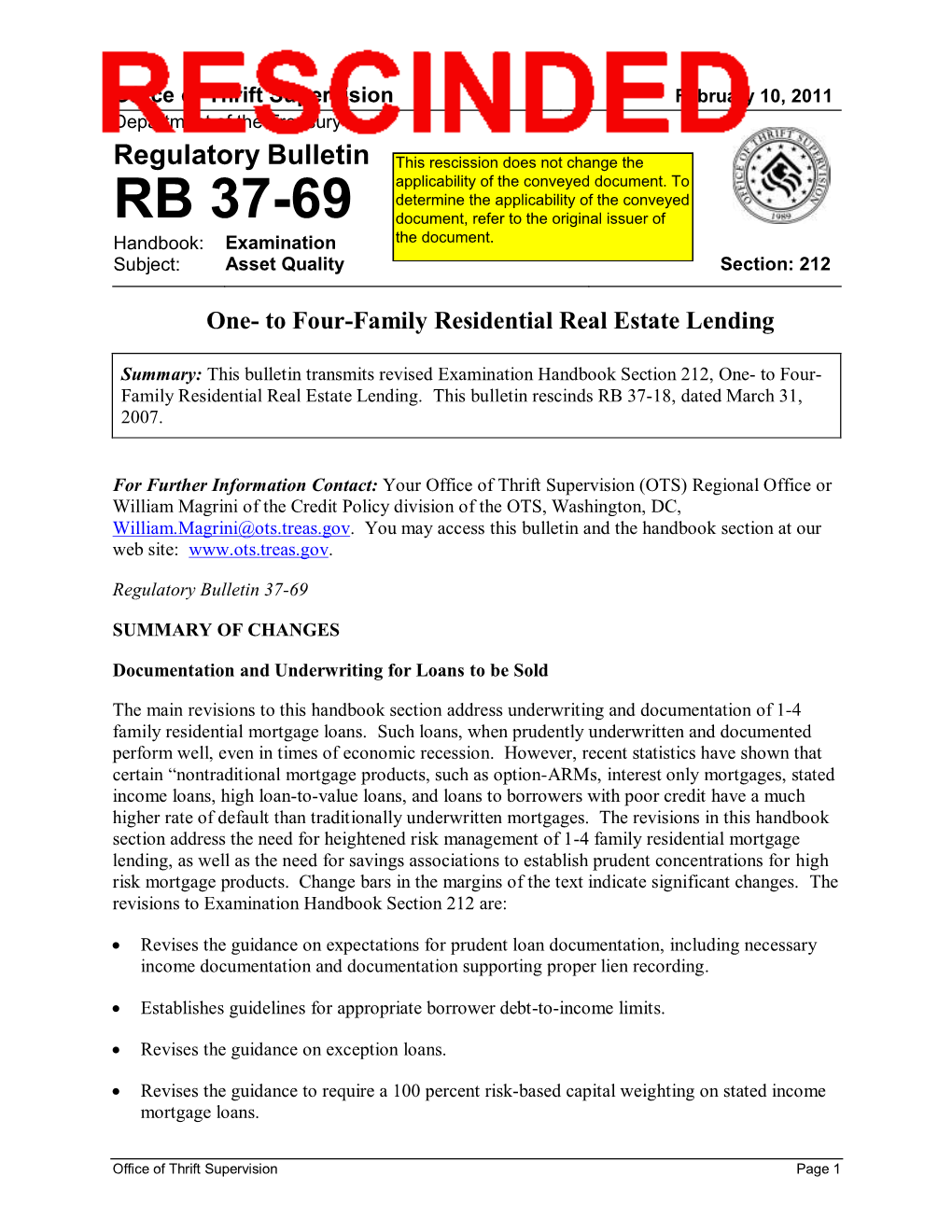 RB 37-69, One- to Four-Family Residential Real Estate Lending