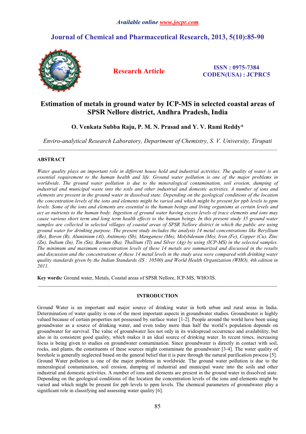 Estimation of Metals in Ground Water by ICP-MS in Selected Coastal Areas of SPSR Nellore District, Andhra Pradesh, India