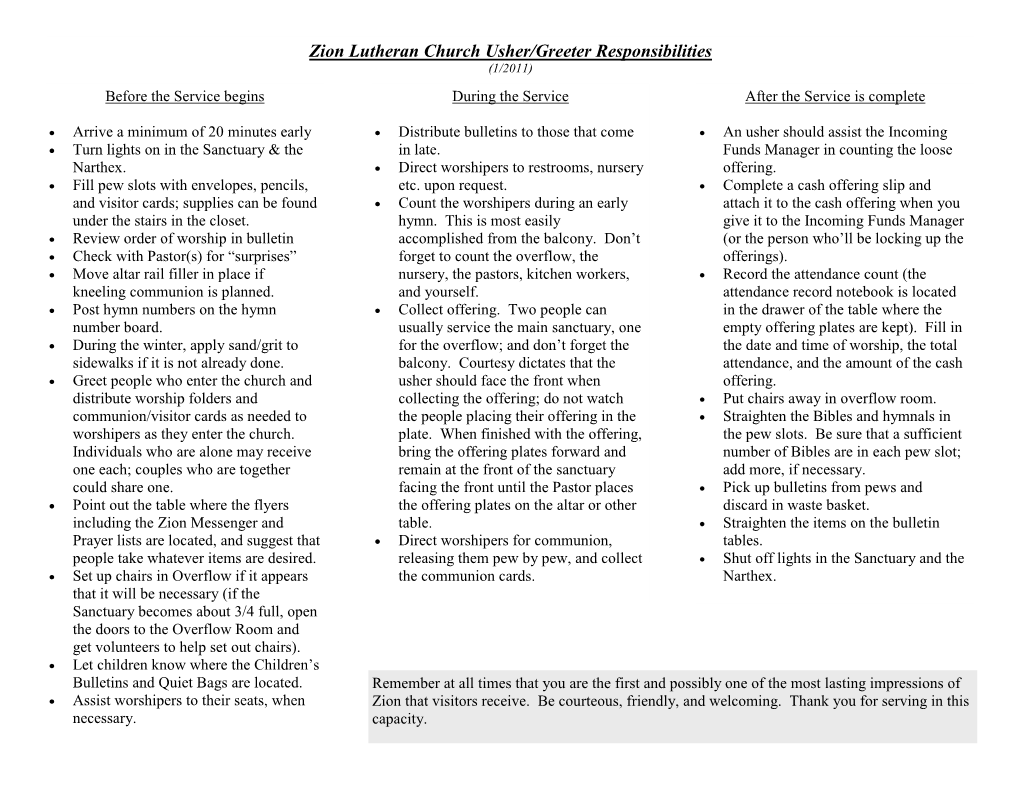 Zion Lutheran Church Usher/Greeter Responsibilities (1/2011) Before the Service Begins During the Service After the Service Is Complete