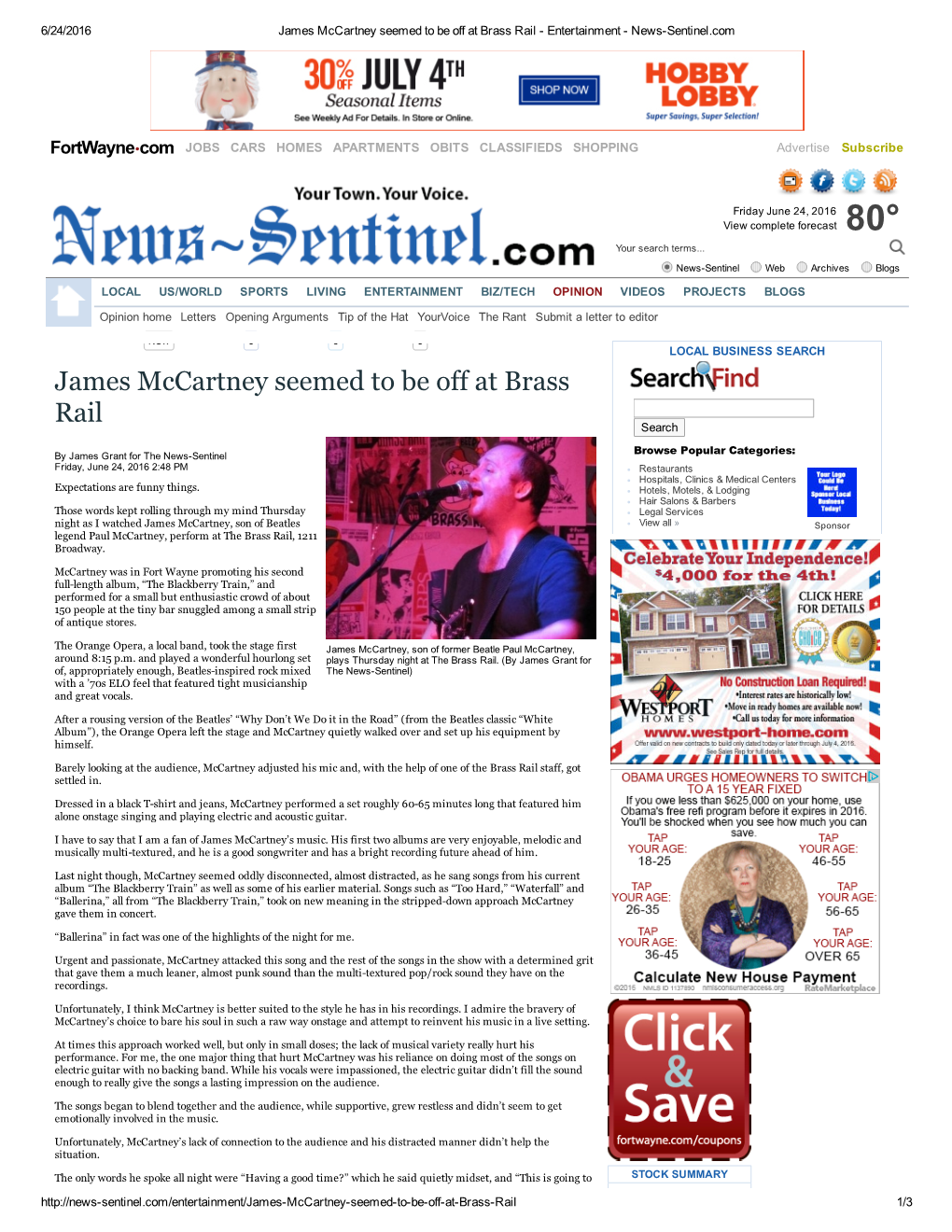 James Mccartney Seemed to Be Off at Brass Rail ­ Entertainment ­ News­Sentinel.Com