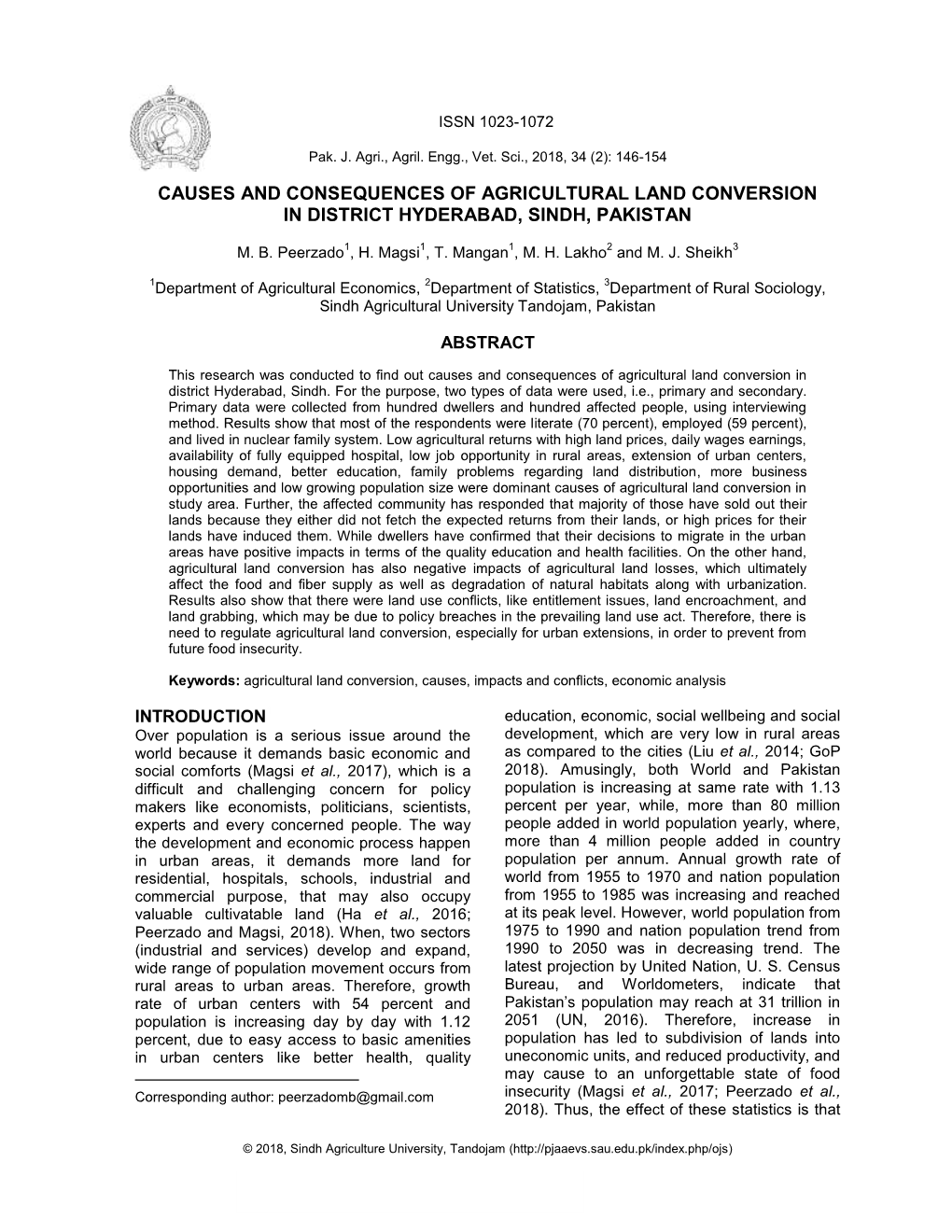 Causes and Consequences of Agricultural Land Conversion in District Hyderabad, Sindh, Pakistan