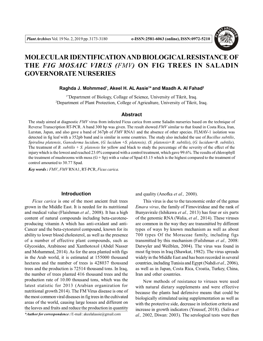 Molecular Identification and Biological Resistance of the Fig Mosaic Virus (Fmv) on Fig Trees in Saladin Governorate Nurseries