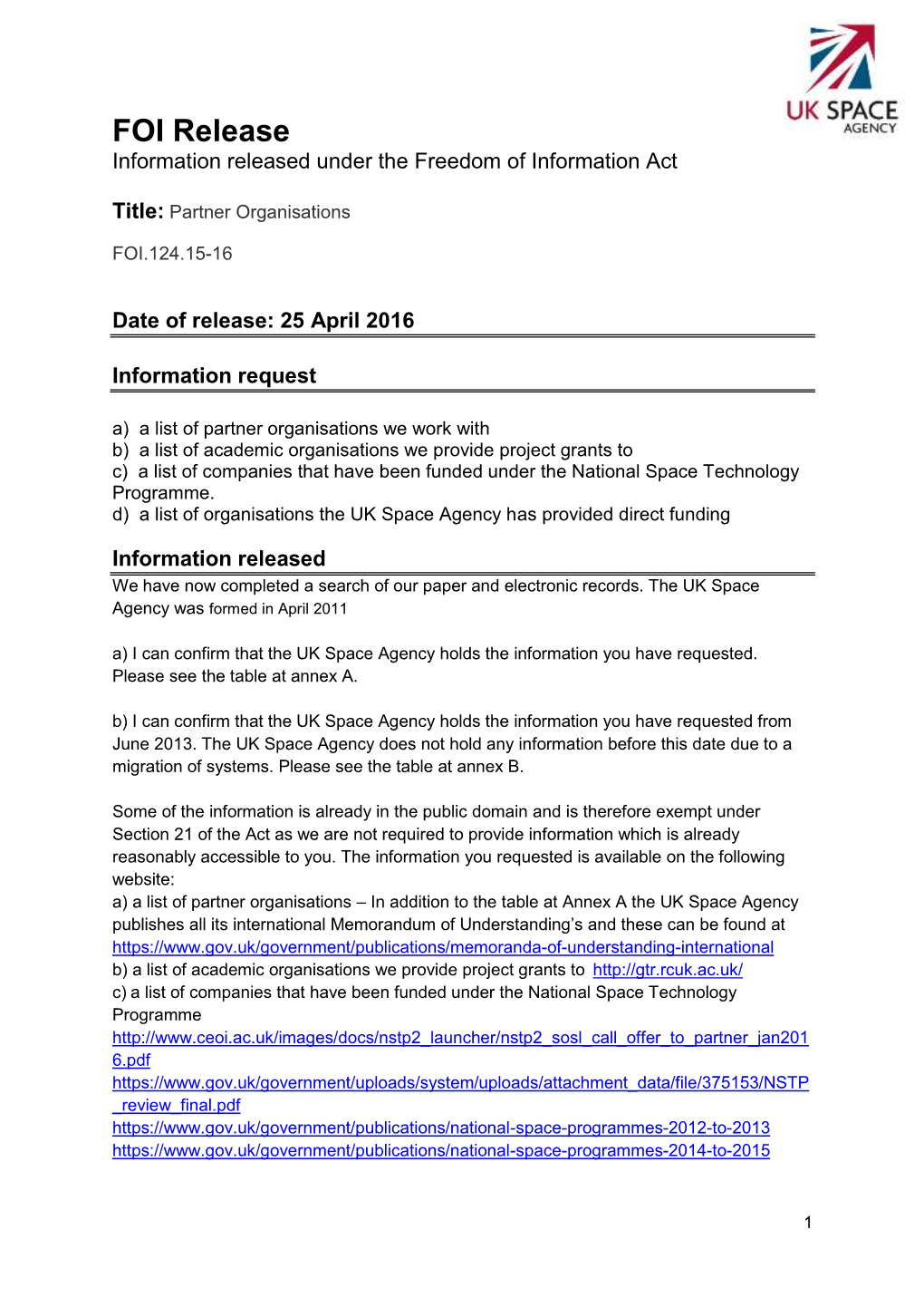 FOI Release Information Released Under the Freedom of Information Act