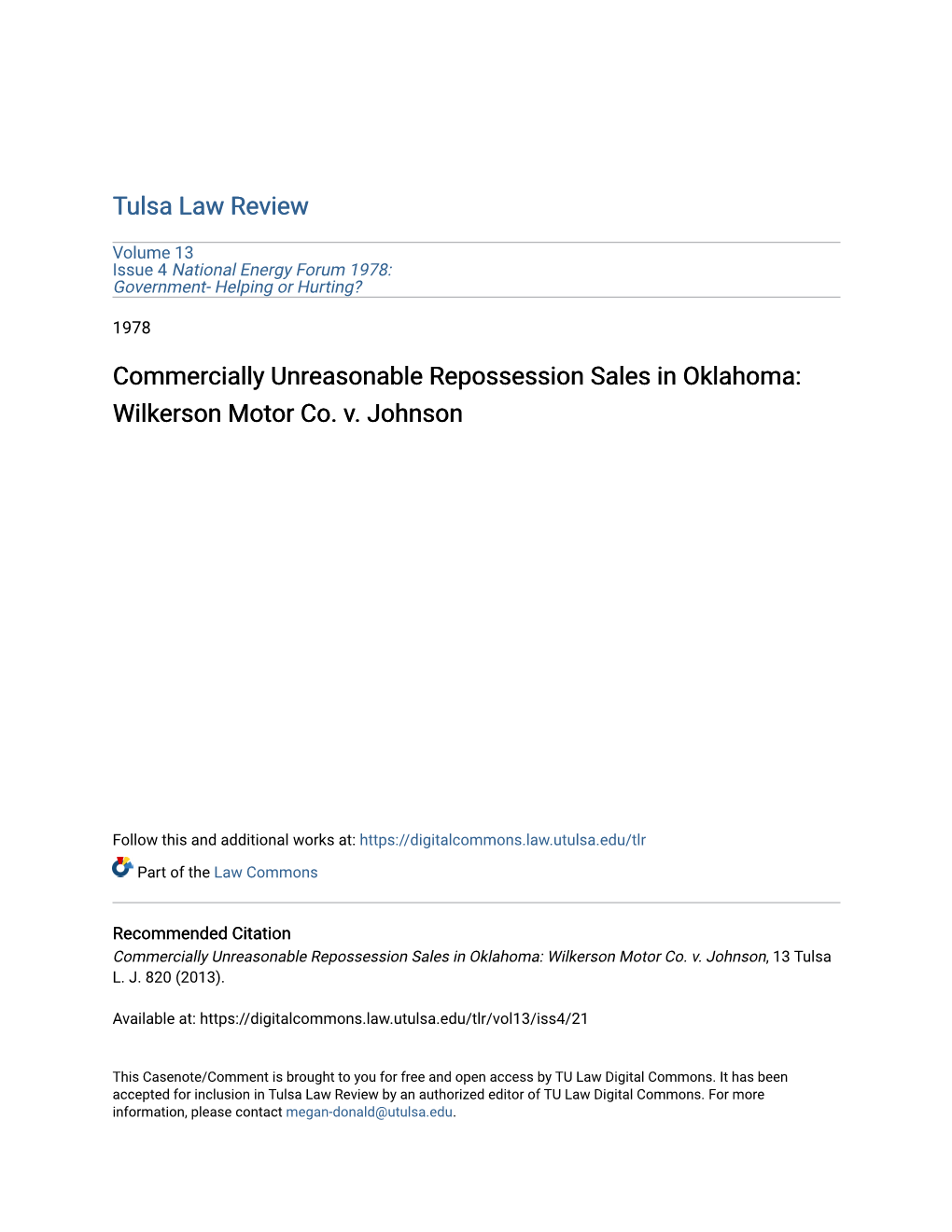 Commercially Unreasonable Repossession Sales in Oklahoma: Wilkerson Motor Co