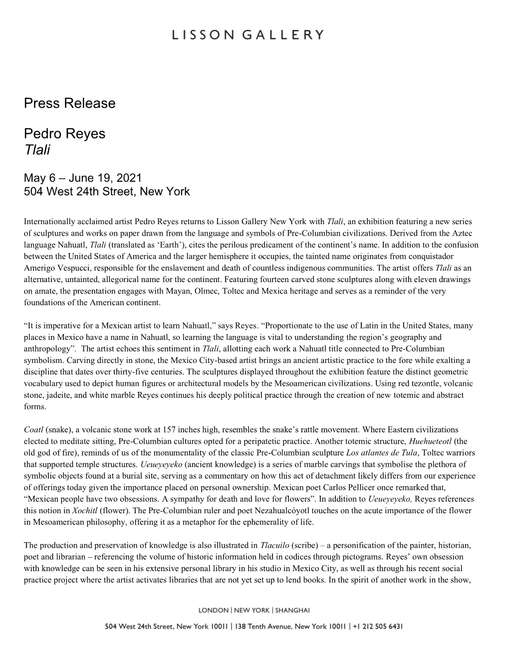 Press Release Pedro Reyes Tlali