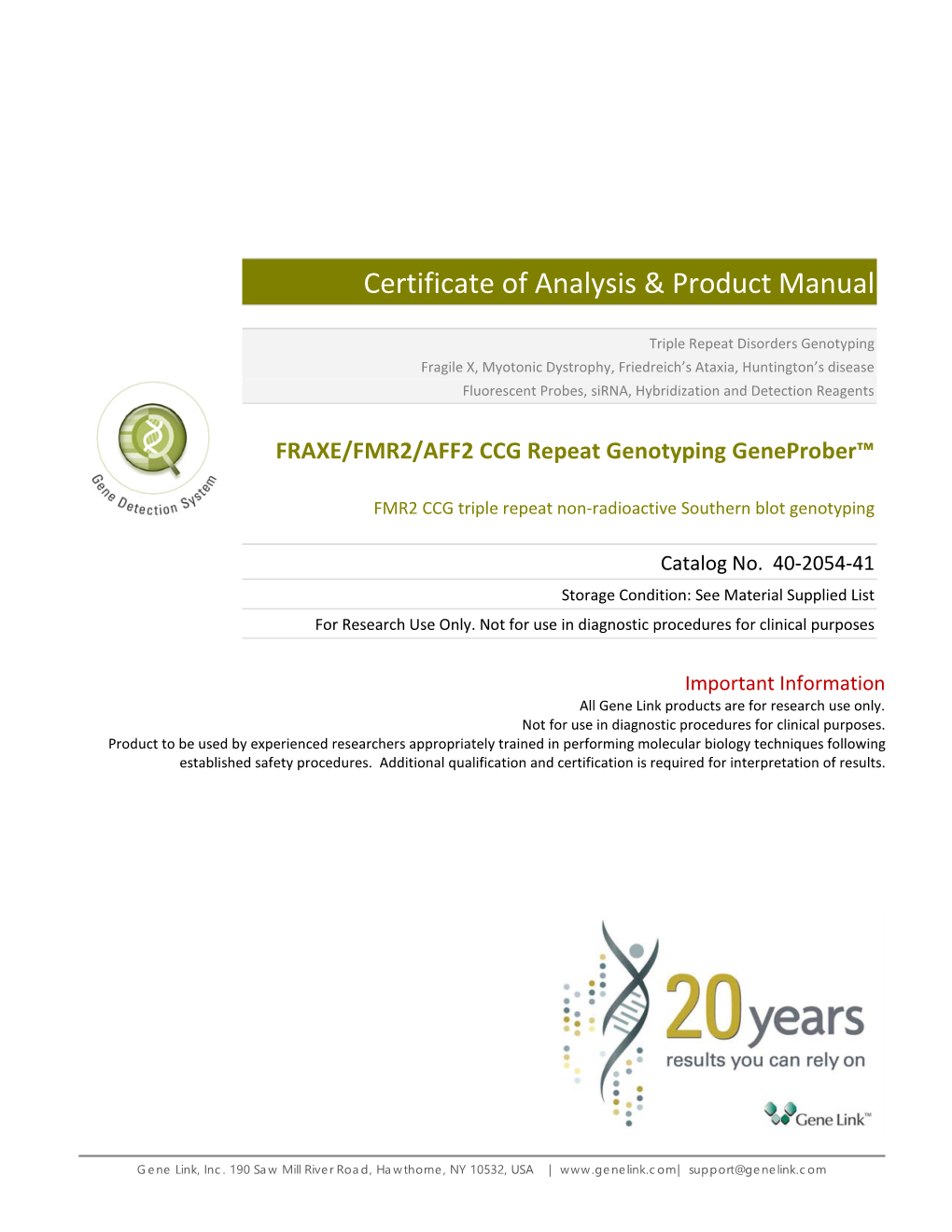 FRAXE/FMR2/AFF2 CCG Repeat Genotyping Geneprober™
