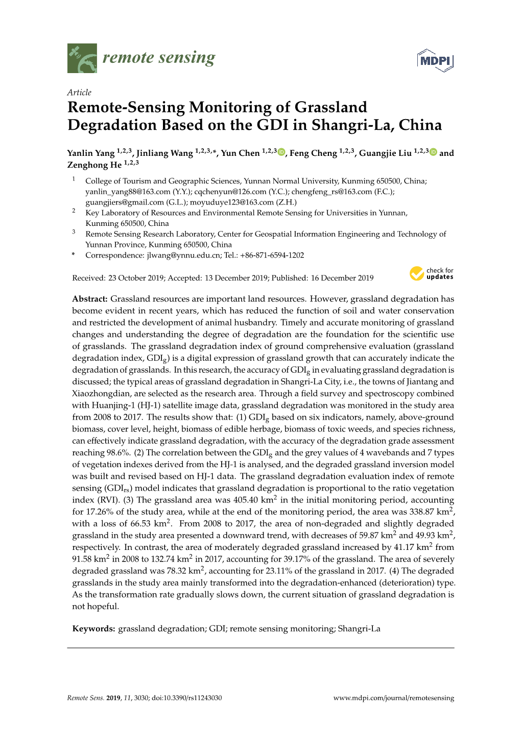 Remote-Sensing Monitoring of Grassland Degradation Based on the GDI in Shangri-La, China