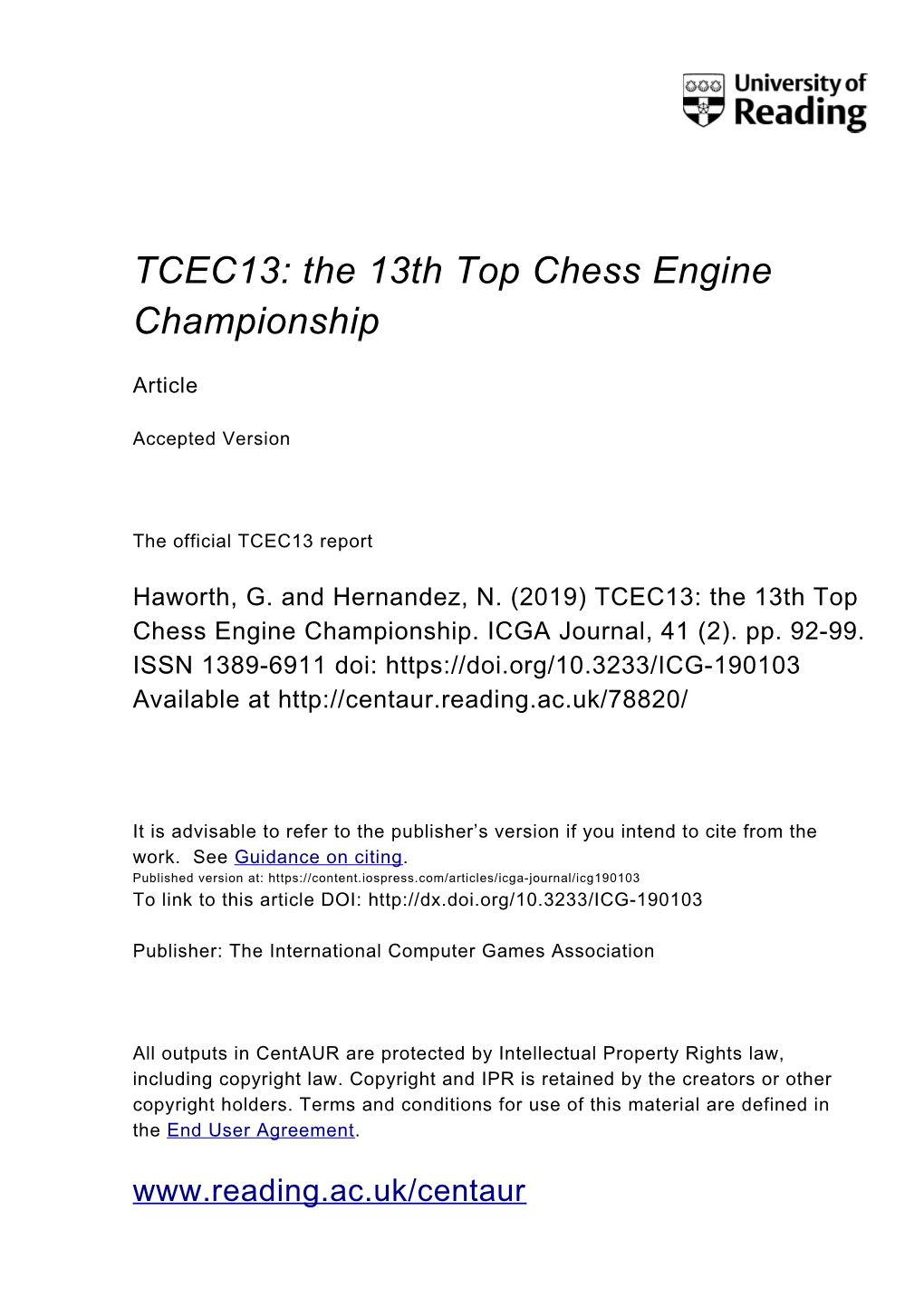 TCEC13: the 13Th Top Chess Engine Championship