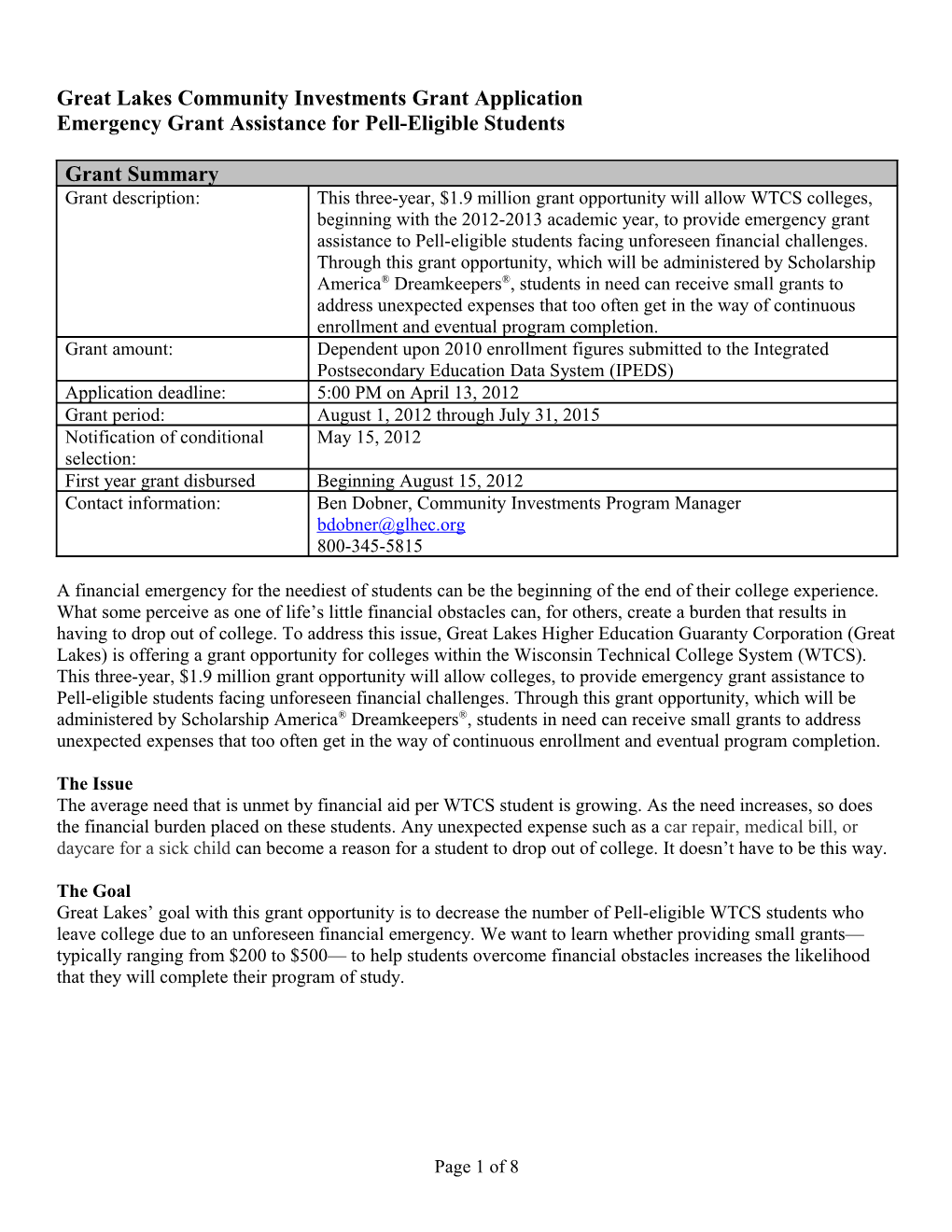 Great Lakes Community Investments Grant Application 2011