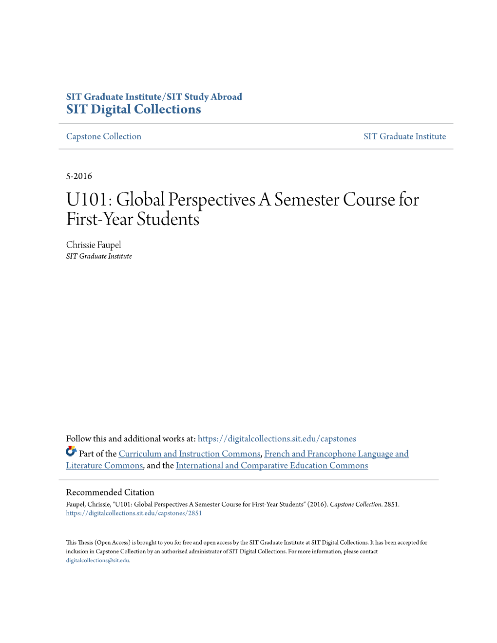 Global Perspectives a Semester Course for First-Year Students Chrissie Faupel SIT Graduate Institute