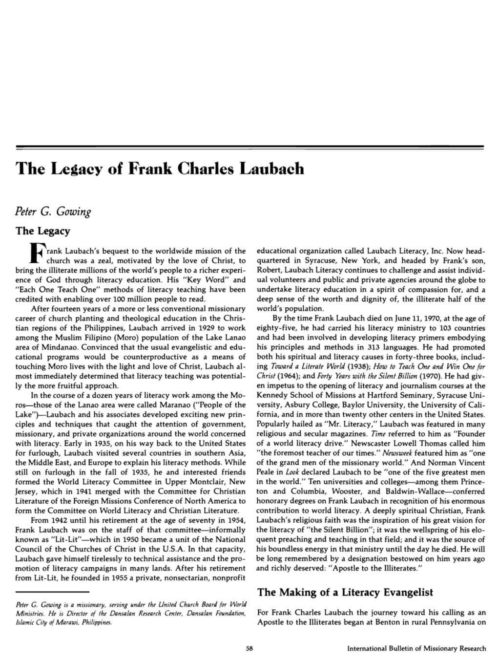 The Legacy of Frank Charles Laubach