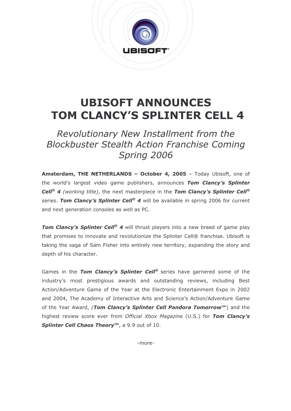 Ubisoft Announces Tom Clancy's Splinter Cell 4