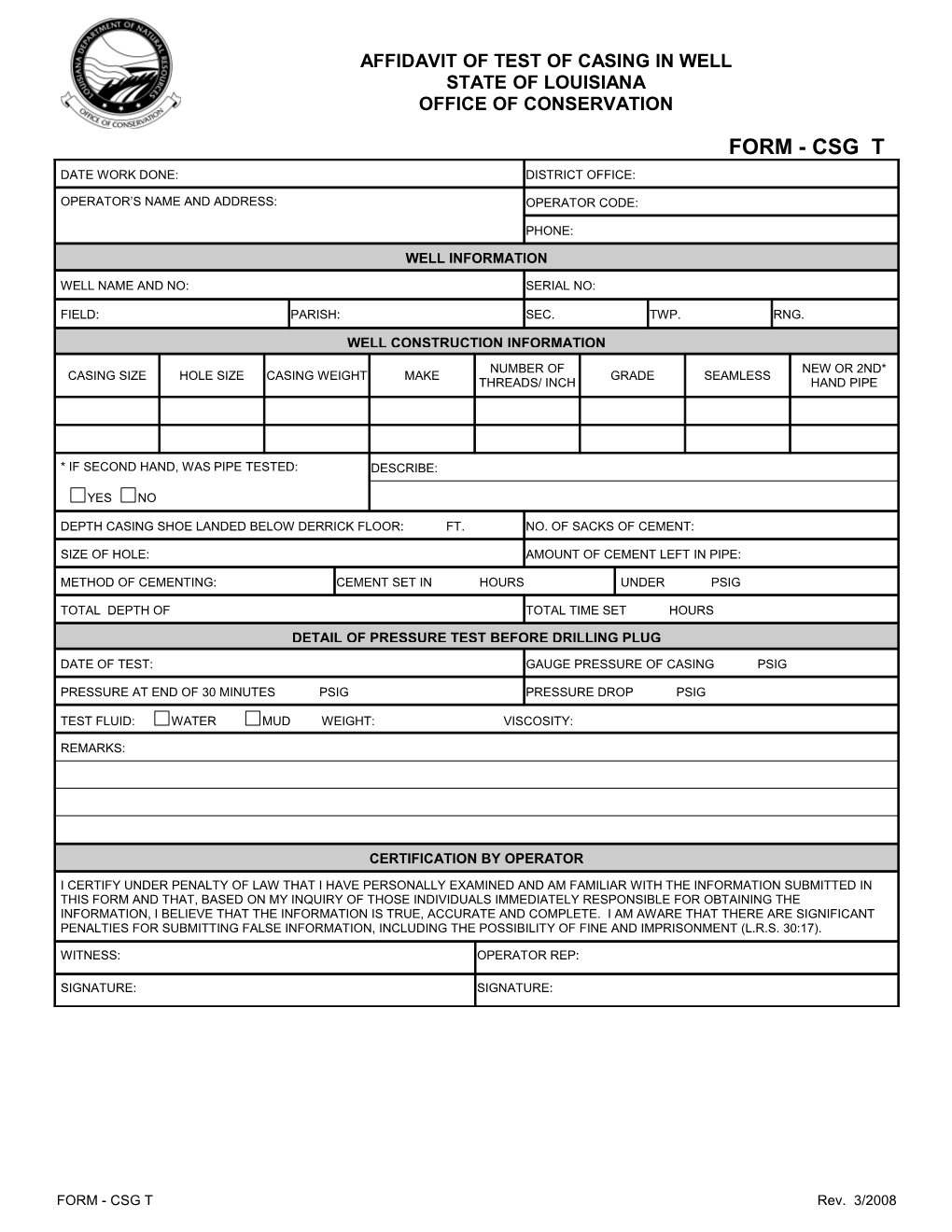 Affidavit of Test of Casing in Well