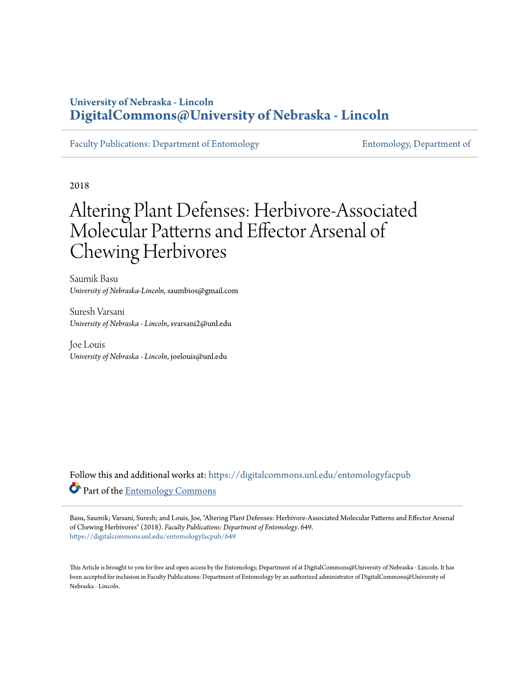 Herbivore-Associated Molecular Patterns and Effector Arsenal of Chewing Herbivores Saumik Basu University of Nebraska-Lincoln, Saumbios@Gmail.Com