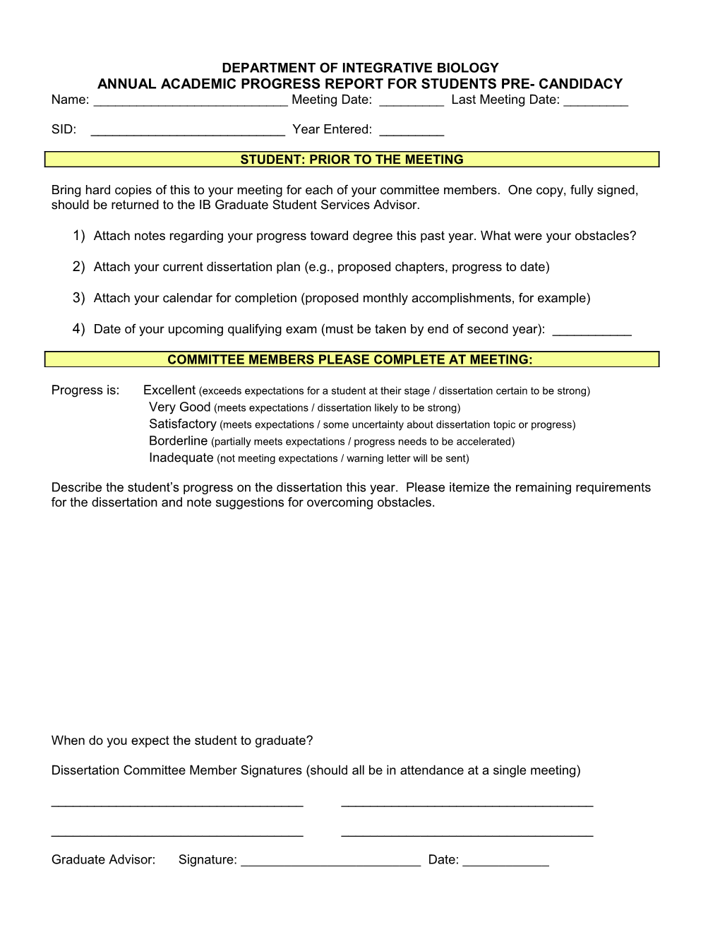 Annual Academic Progress Report for Students Pre- Candidacy