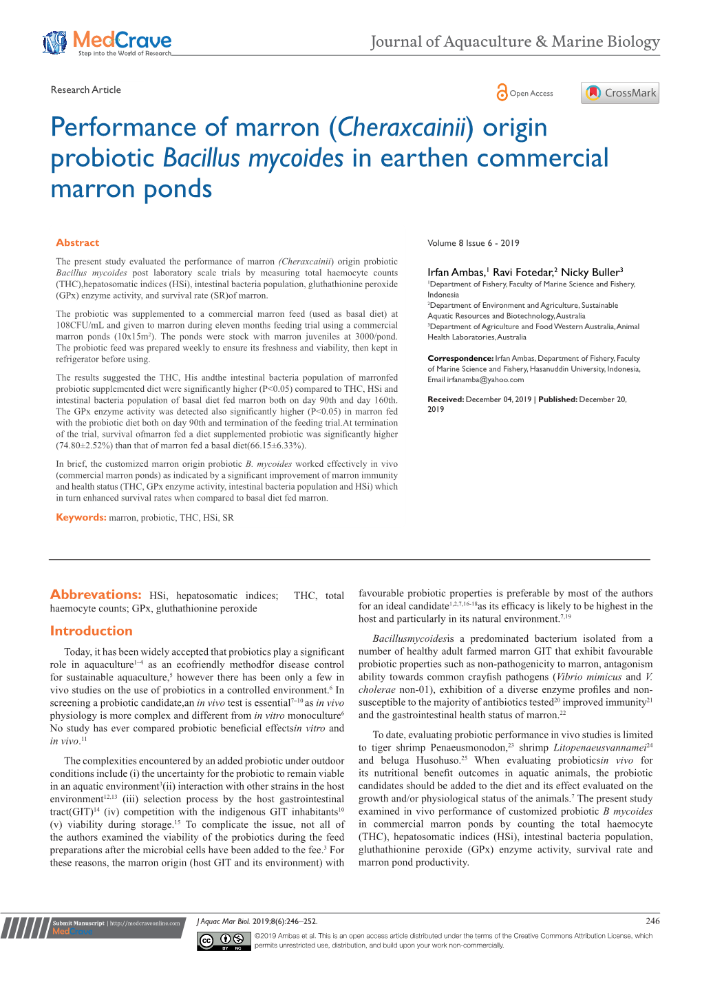 Origin Probiotic Bacillus Mycoides in Earthen Commercial Marron Ponds