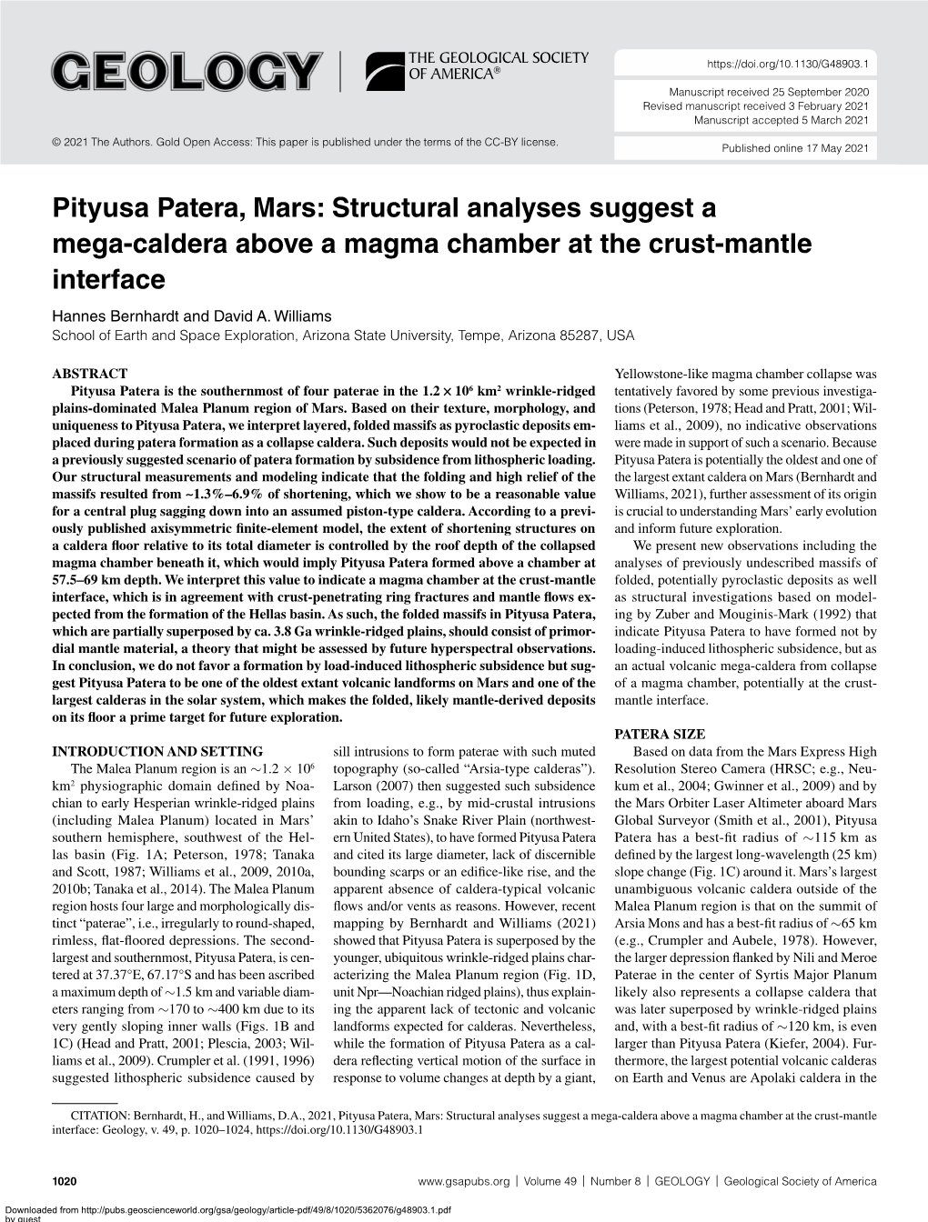 Pityusa Patera, Mars: Structural Analyses Suggest a Mega-Caldera Above a Magma Chamber at the Crust-Mantle Interface Hannes Bernhardt and David A