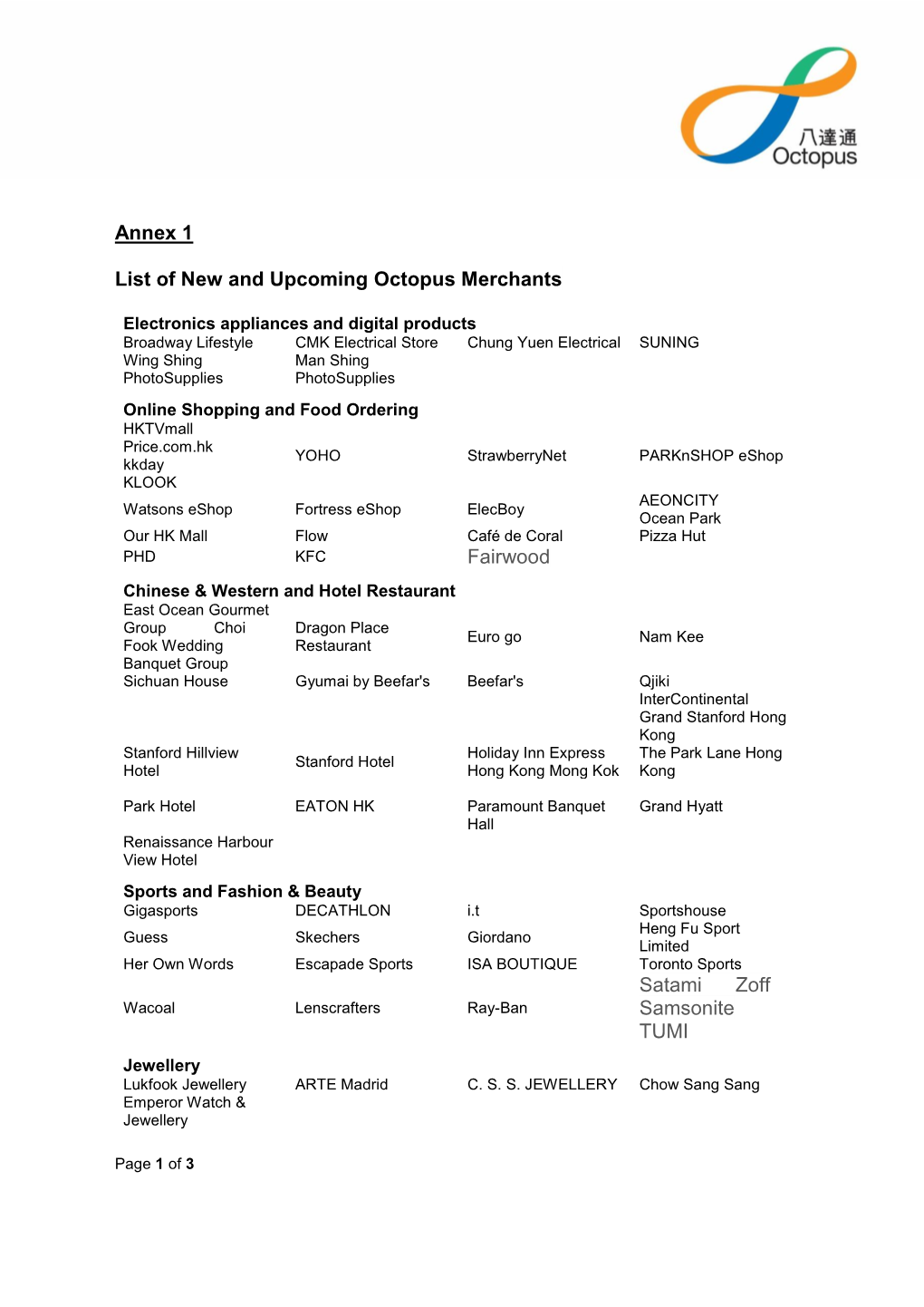 Annex 1 List of New and Upcoming Octopus Merchants Fairwood Satami Zoff Samsonite TUMI