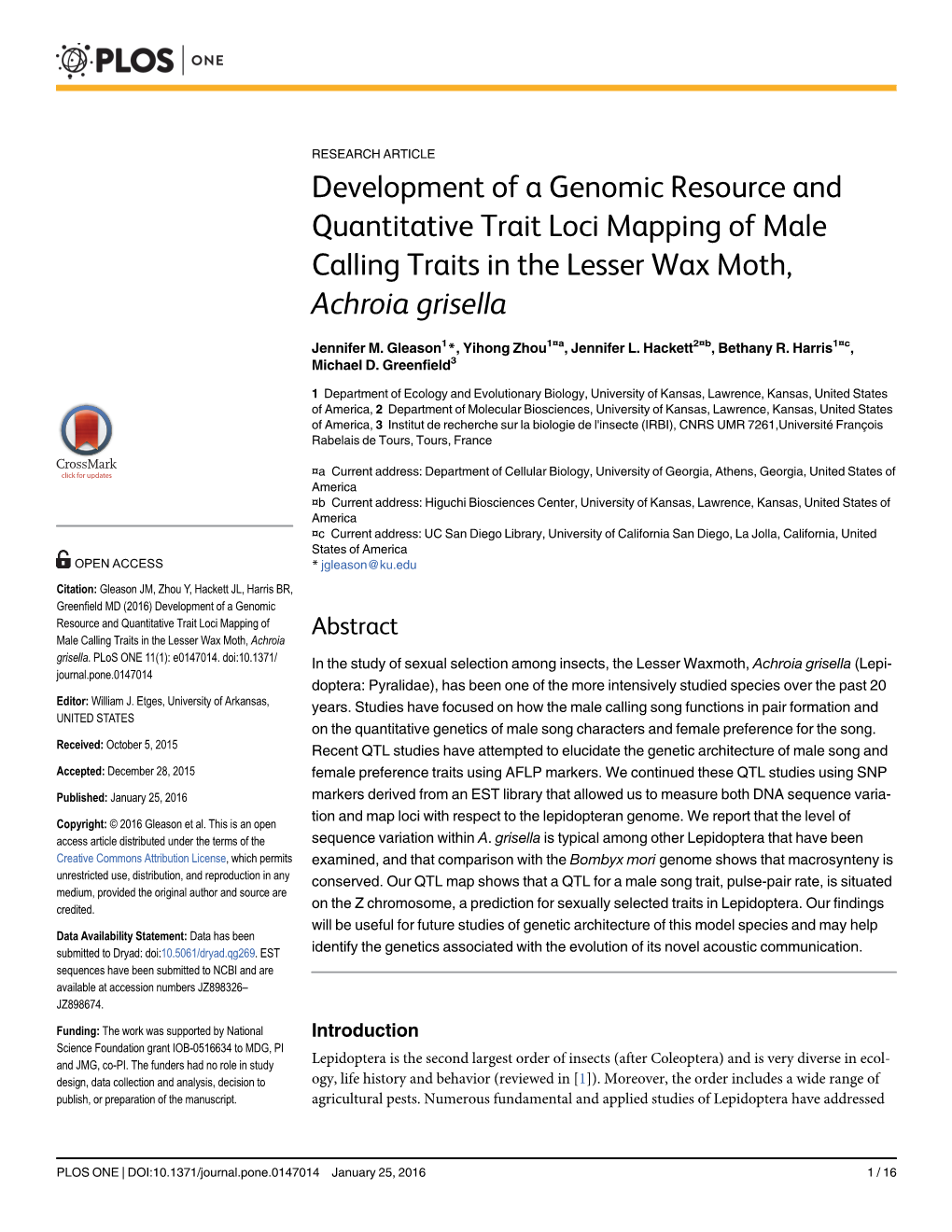 Development of a Genomic Resource and Quantitative Trait Loci Mapping of Male Calling Traits in the Lesser Wax Moth, Achroia Grisella