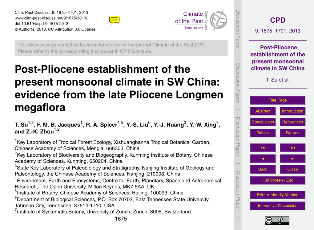 Post-Pliocene Establishment of the Present Monsoonal Climate in SW China