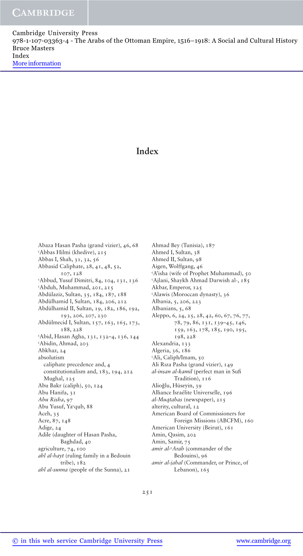 The Arabs of the Ottoman Empire, 1516–1918: a Social and Cultural History Bruce Masters Index More Information