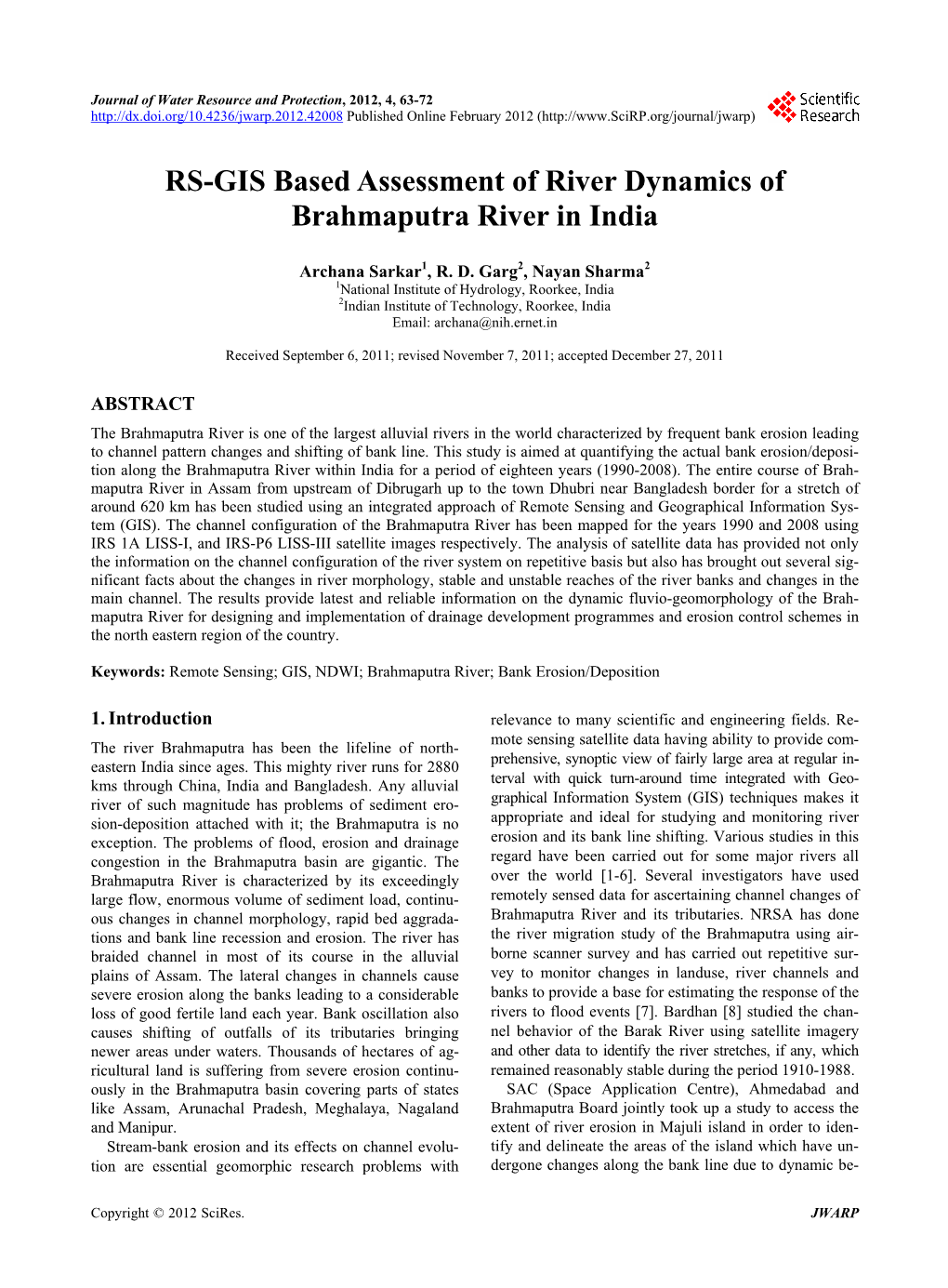 RS-GIS Based Assessment of River Dynamics of Brahmaputra River in India