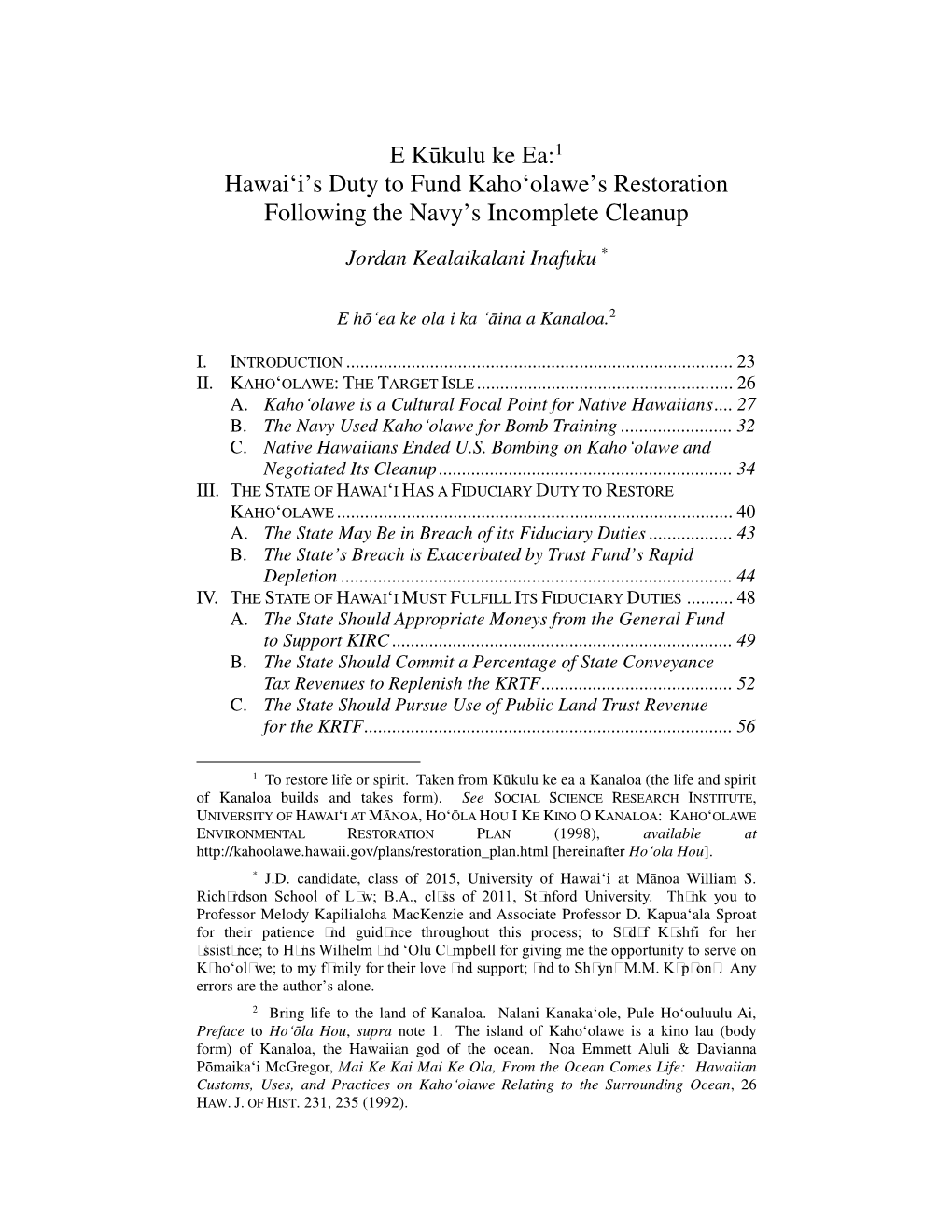 E Kkulu Ke Ea:1 Hawaii's Duty to Fund Kahoolawe's Restoration Following the Navy's Incomplete Cleanup