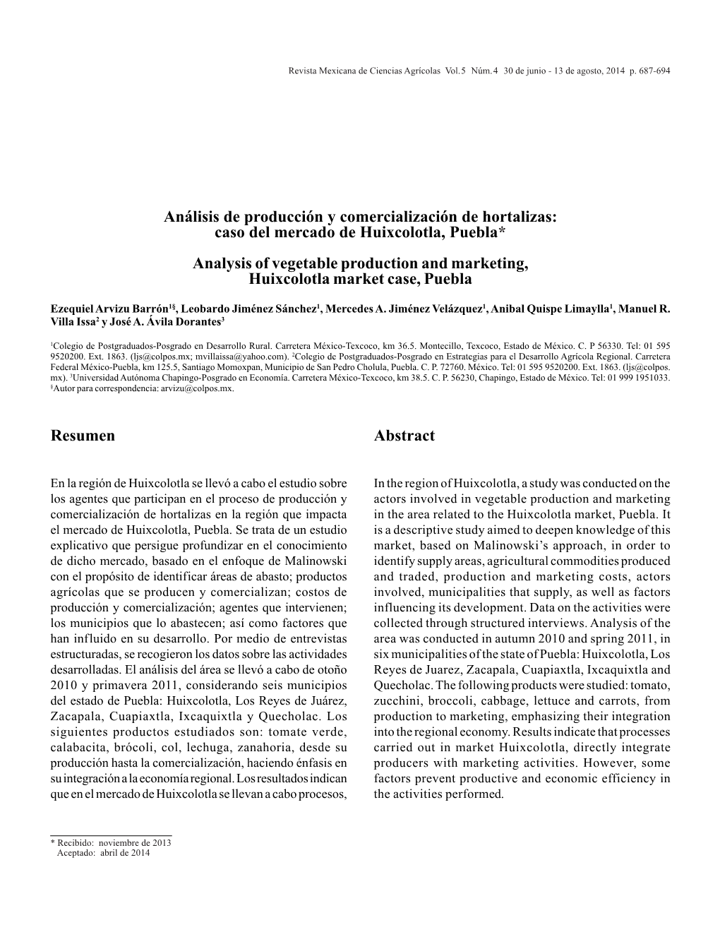 Caso Del Mercado De Huixcolotla, Puebla* Analysis of Vegetable Production and Marketing, Huixcolotla Market Case, Puebla