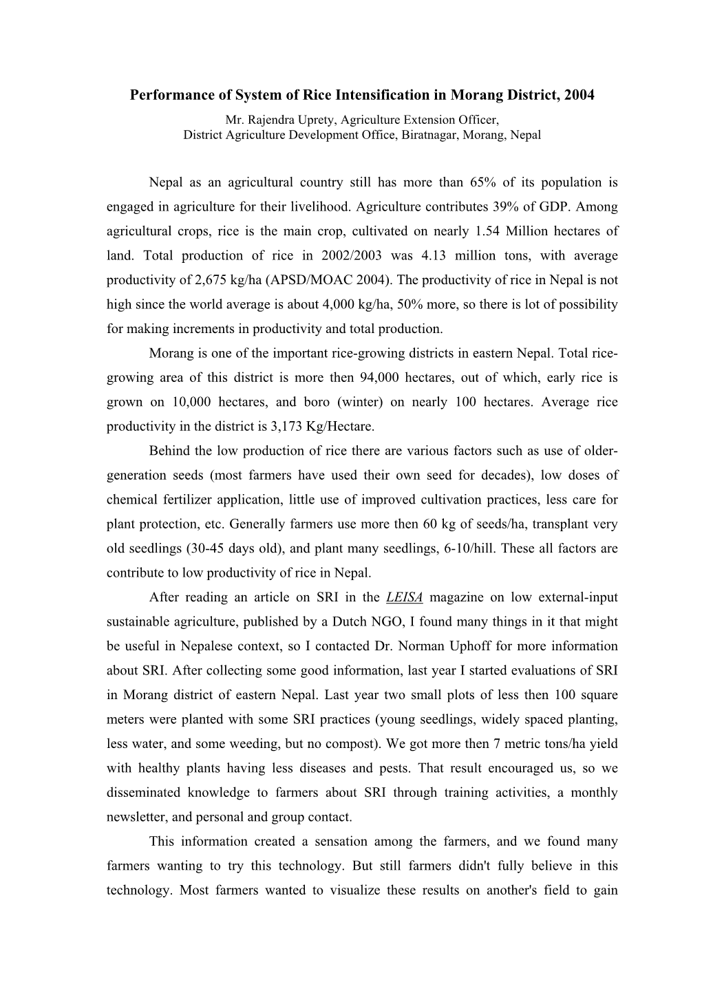 Performance of System of Rice Intensification in Morang District On