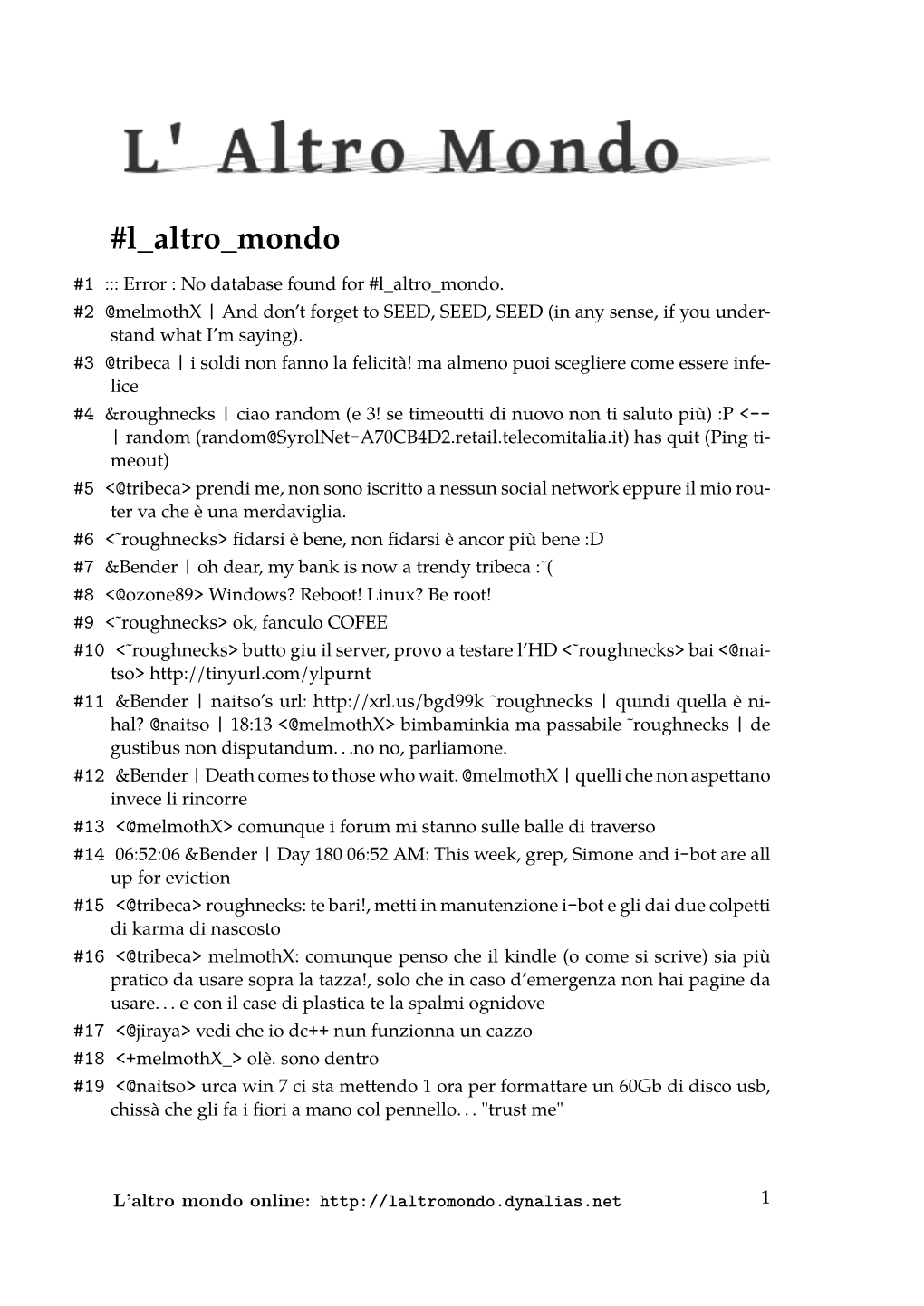 L Altro Mondo #1 ::: Error : No Database Found for #L Altro Mondo