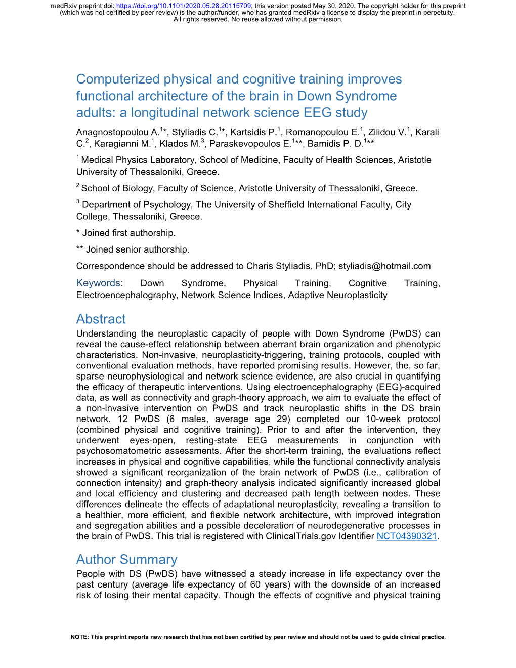 Computerized Physical and Cognitive Training Improves Functional Architecture of the Brain in Down Syndrome Adults: a Longitudin