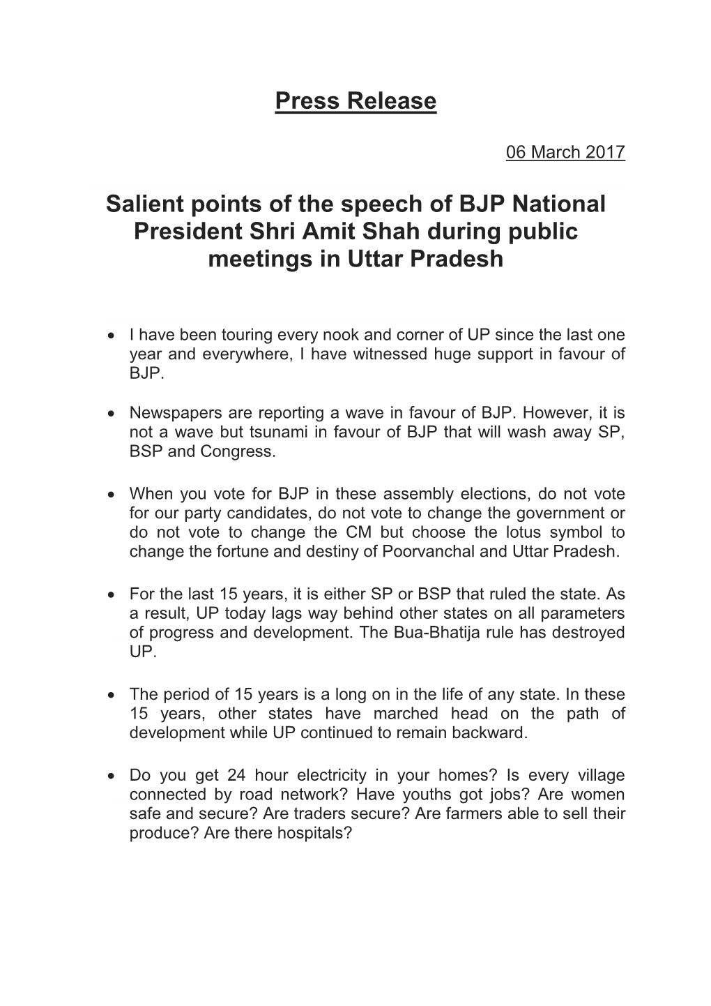 Press Release Salient Points of the Speech of BJP National President