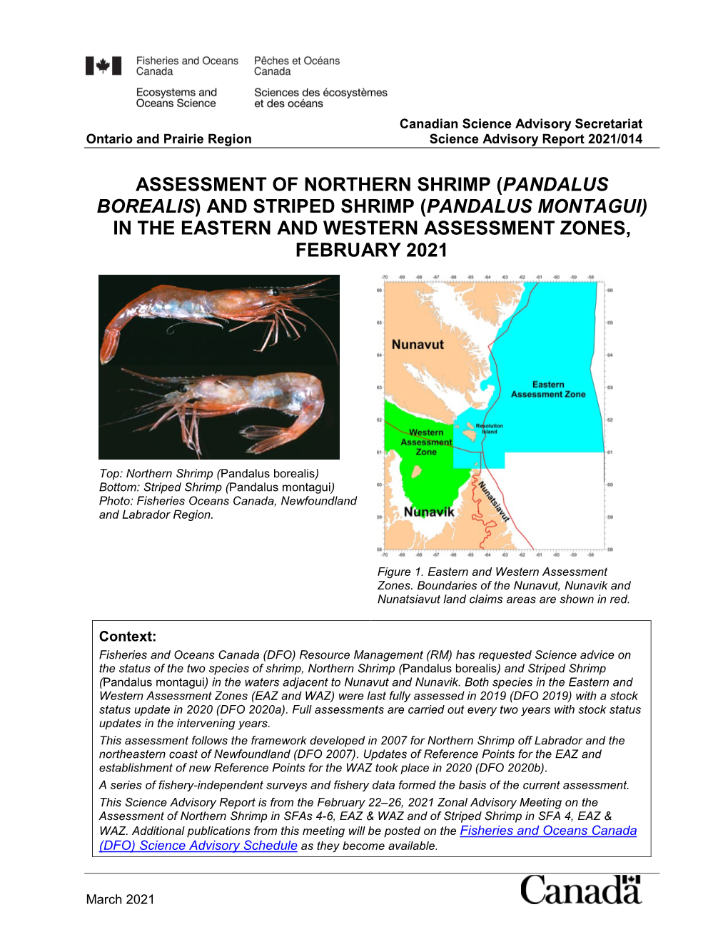 And Striped Shrimp (Pandalus Montagui) in the Eastern and Western Assessment Zones, February 2021