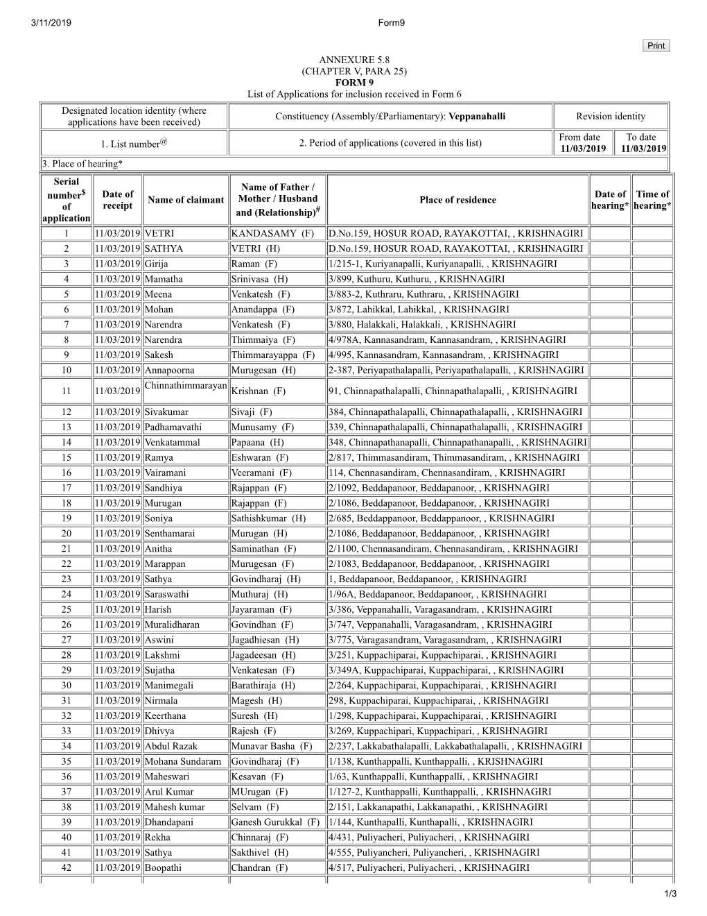 ANNEXURE 5.8 (CHAPTER V, PARA 25) FORM 9 List of Applications For