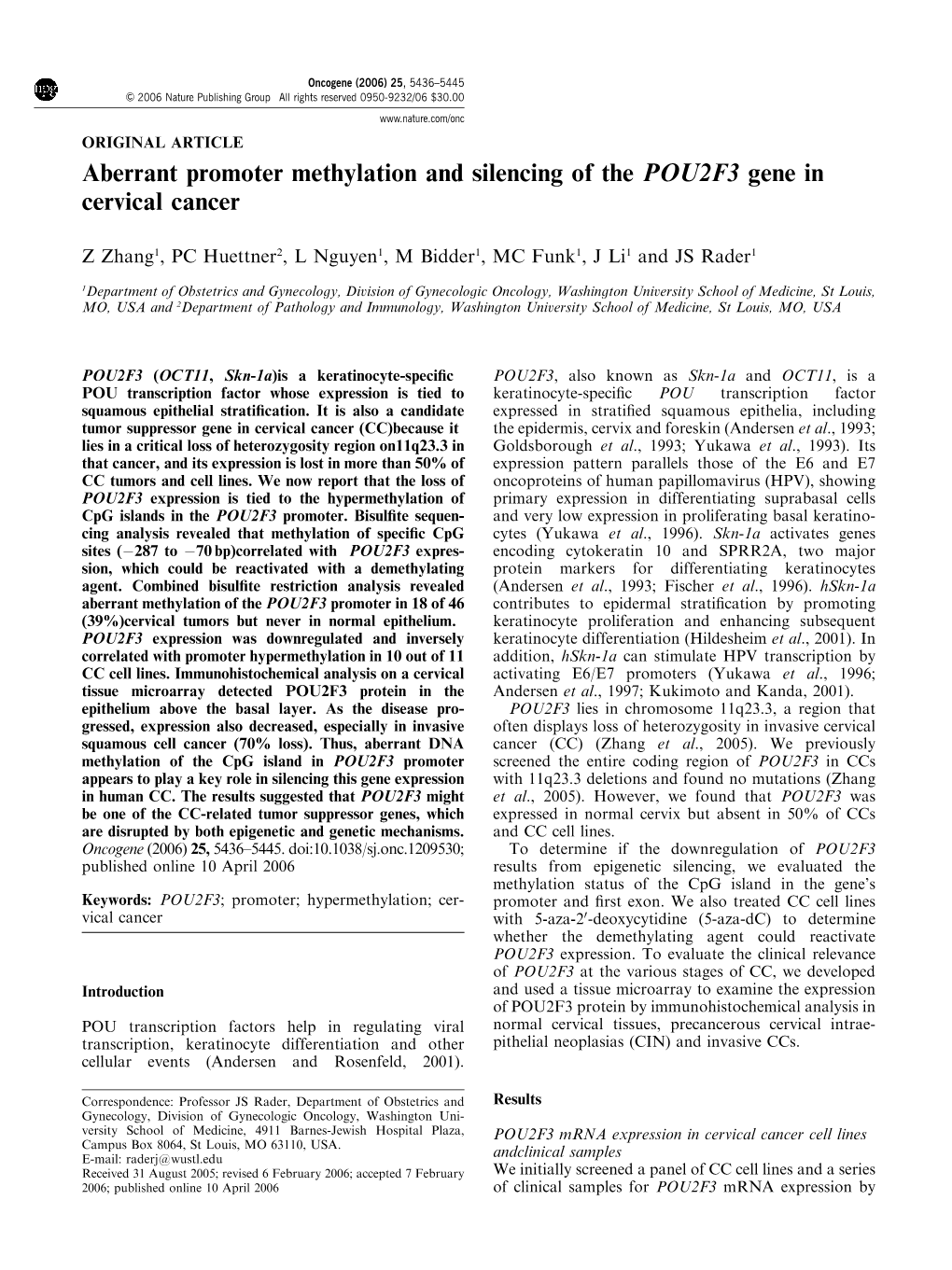 Aberrant Promoter Methylation and Silencing of the POU2F3 Gene in Cervical Cancer