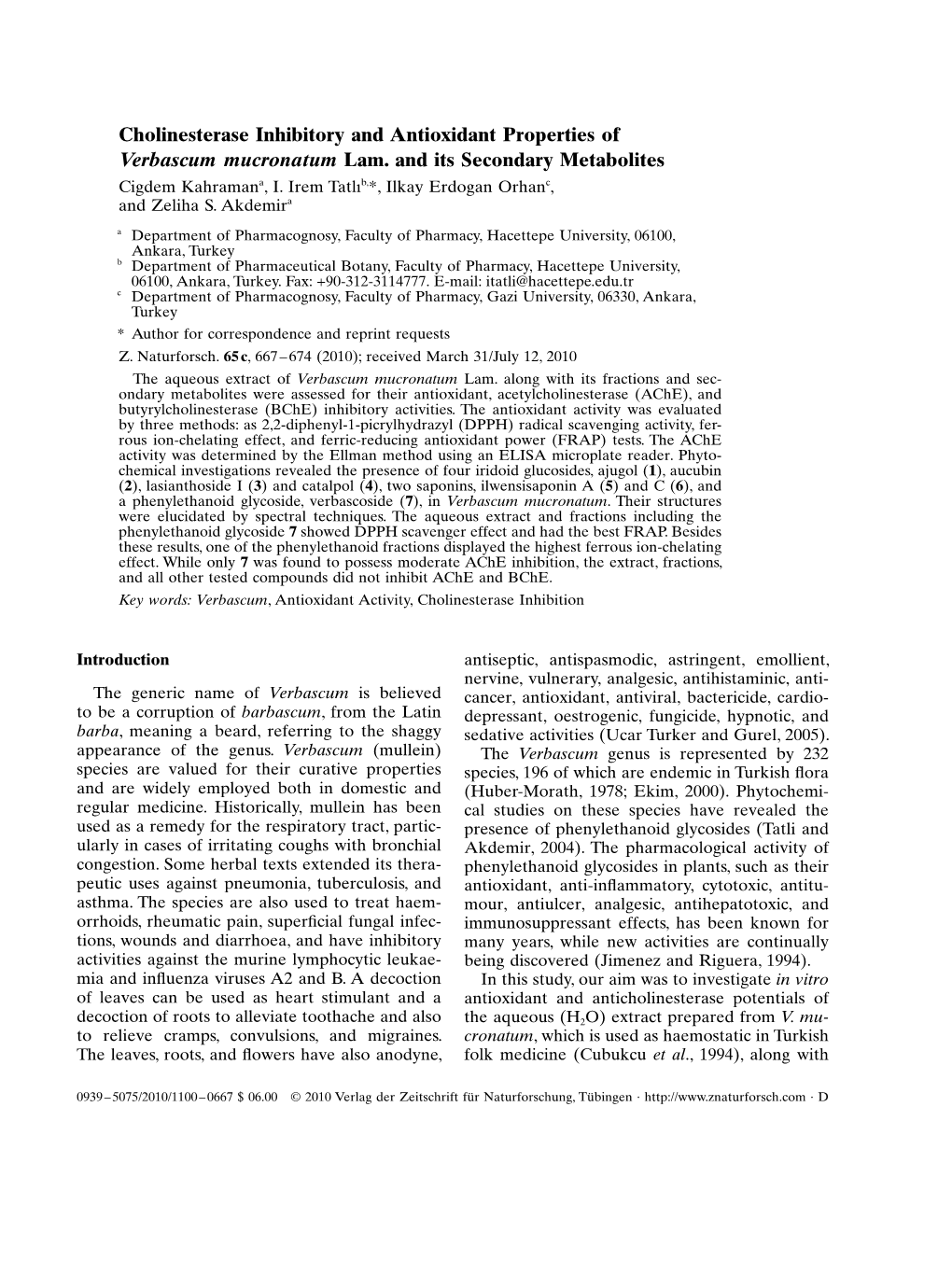 Cholinesterase Inhibitory and Antioxidant Properties of Verbascum Mucronatum Lam