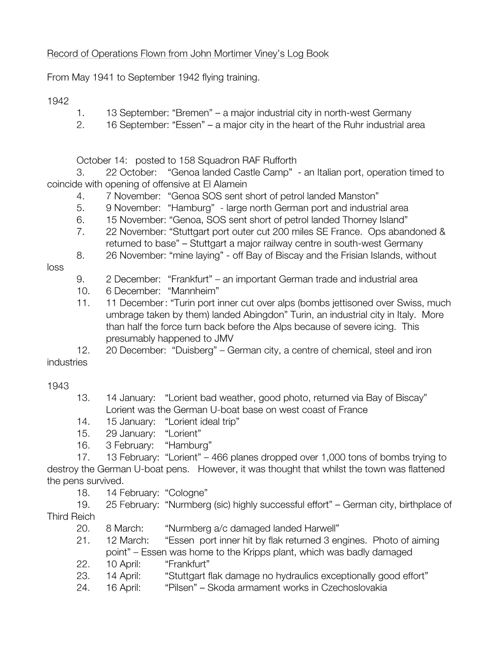 Record of Operations Flown from John Mortimer Viney's Log Book From