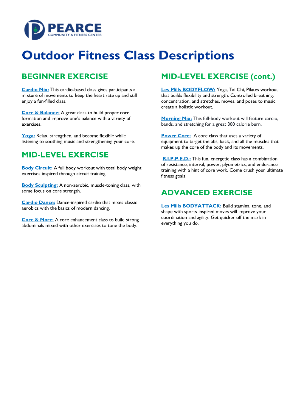 Outdoor Fitness Class Descriptions