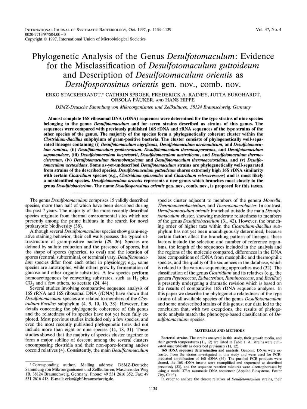 Phylogenetic Analysis of the Genus Desulfotomaculum