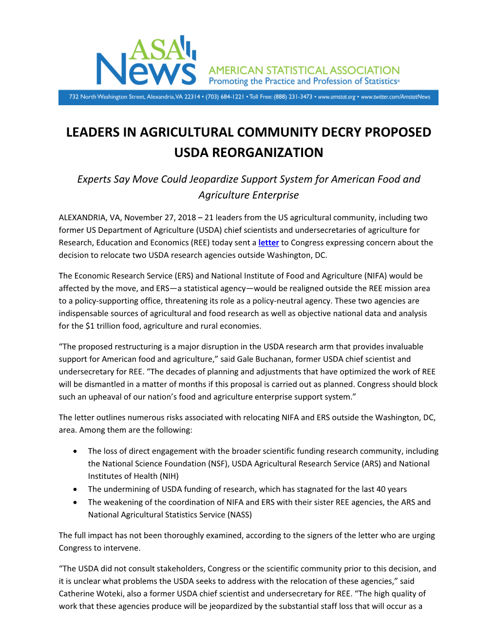 Leaders in Agricultural Community Decry Proposed Usda Reorganization
