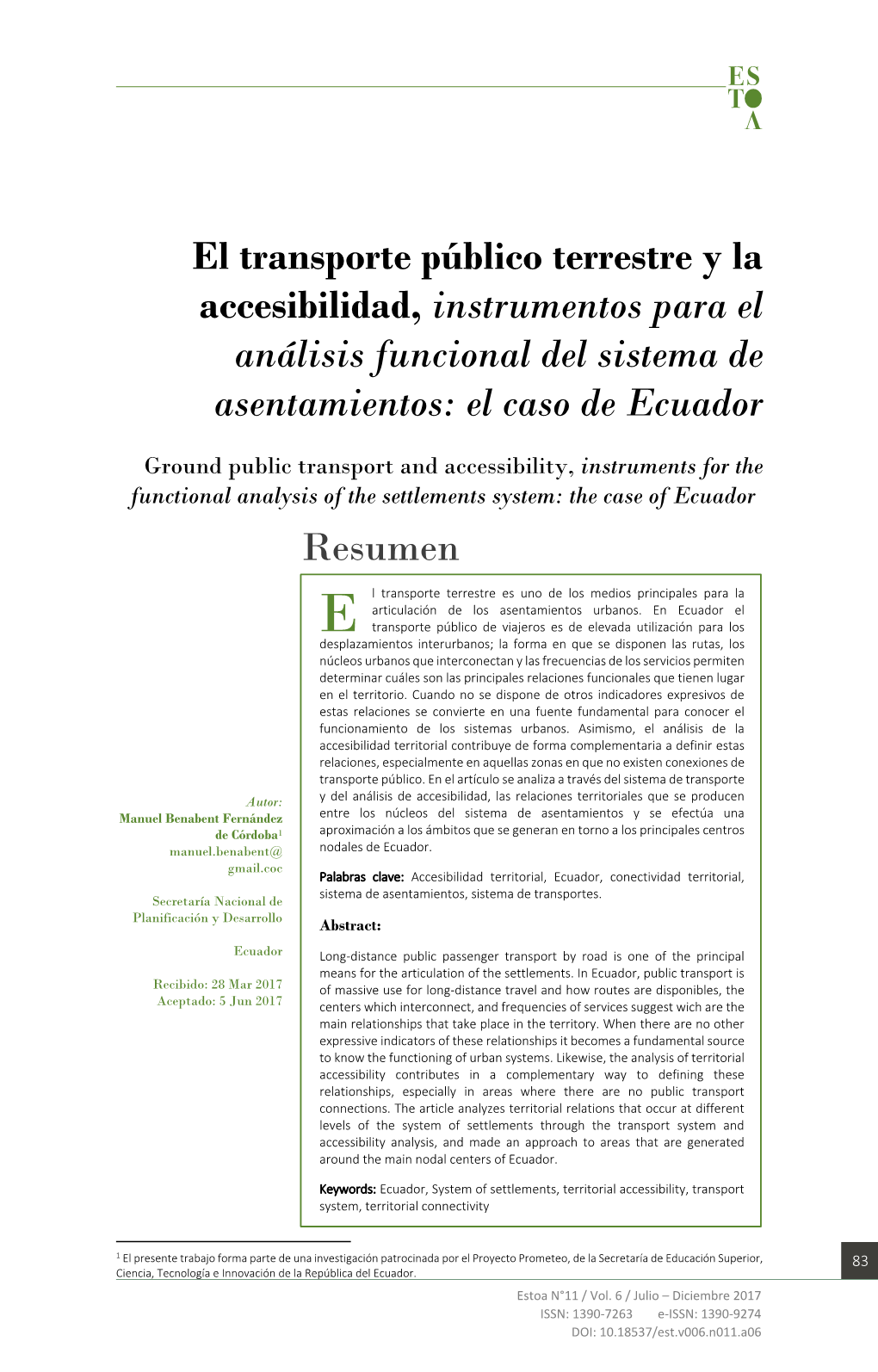 El Transporte Público Terrestre Y La Accesibilidad, Instrumentos Para El Análisis Funcional Del Sistema De Asentamientos: El Caso De Ecuador