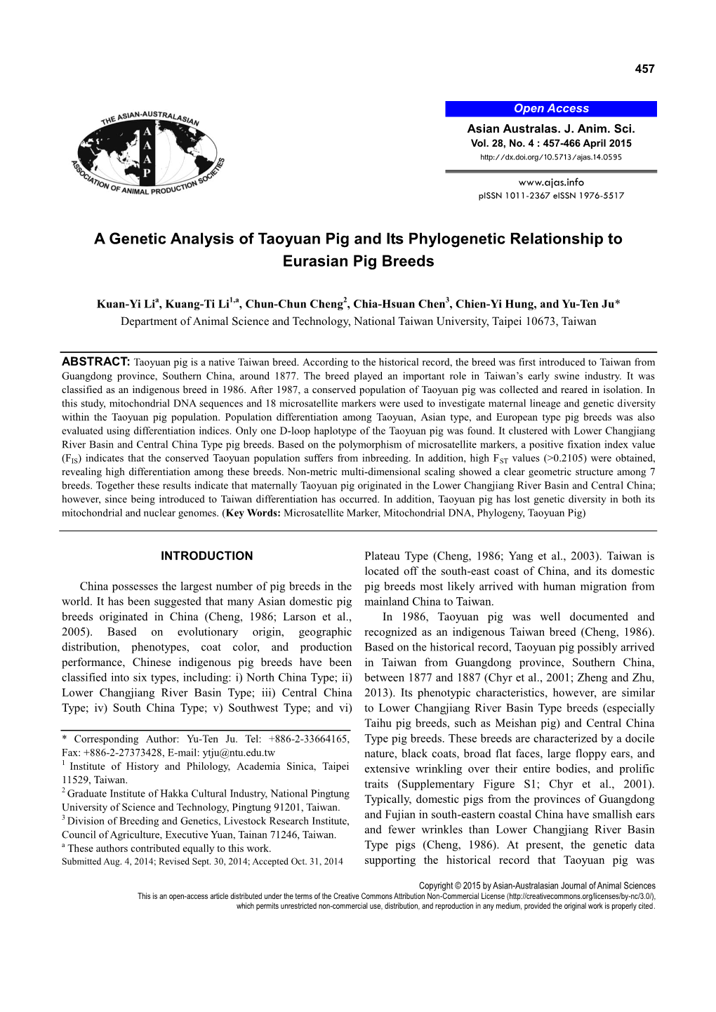 A Genetic Analysis of Taoyuan Pig and Its Phylogenetic Relationship to Eurasian Pig Breeds