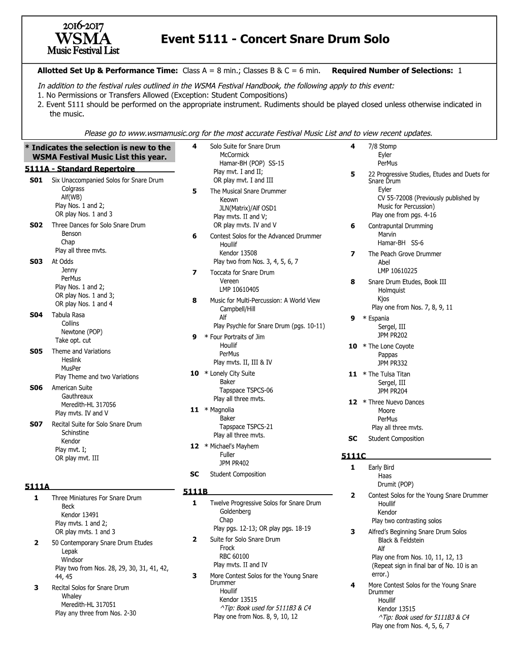 Event 5111 - Concert Snare Drum Solo Music Festival List