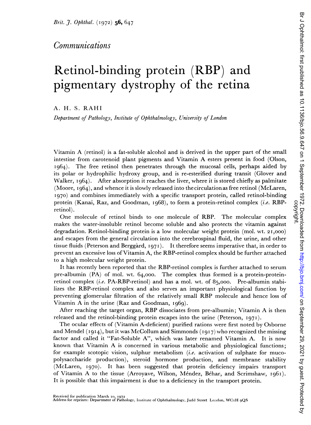 Retinol-Binding Protein (RBP) and Pigmentary Dystrophy of the Retina